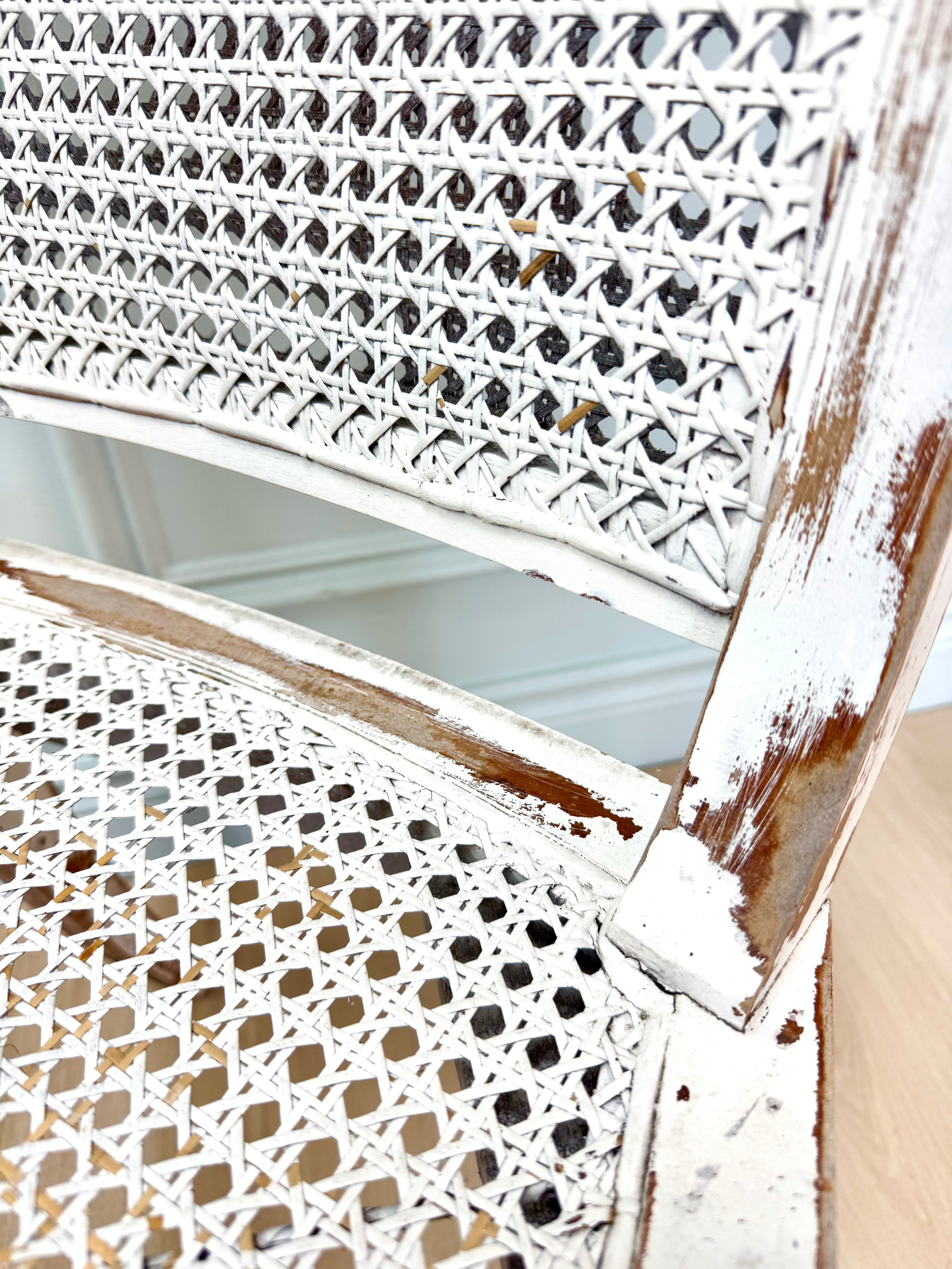 French Vintage Distressed White Cane Chair