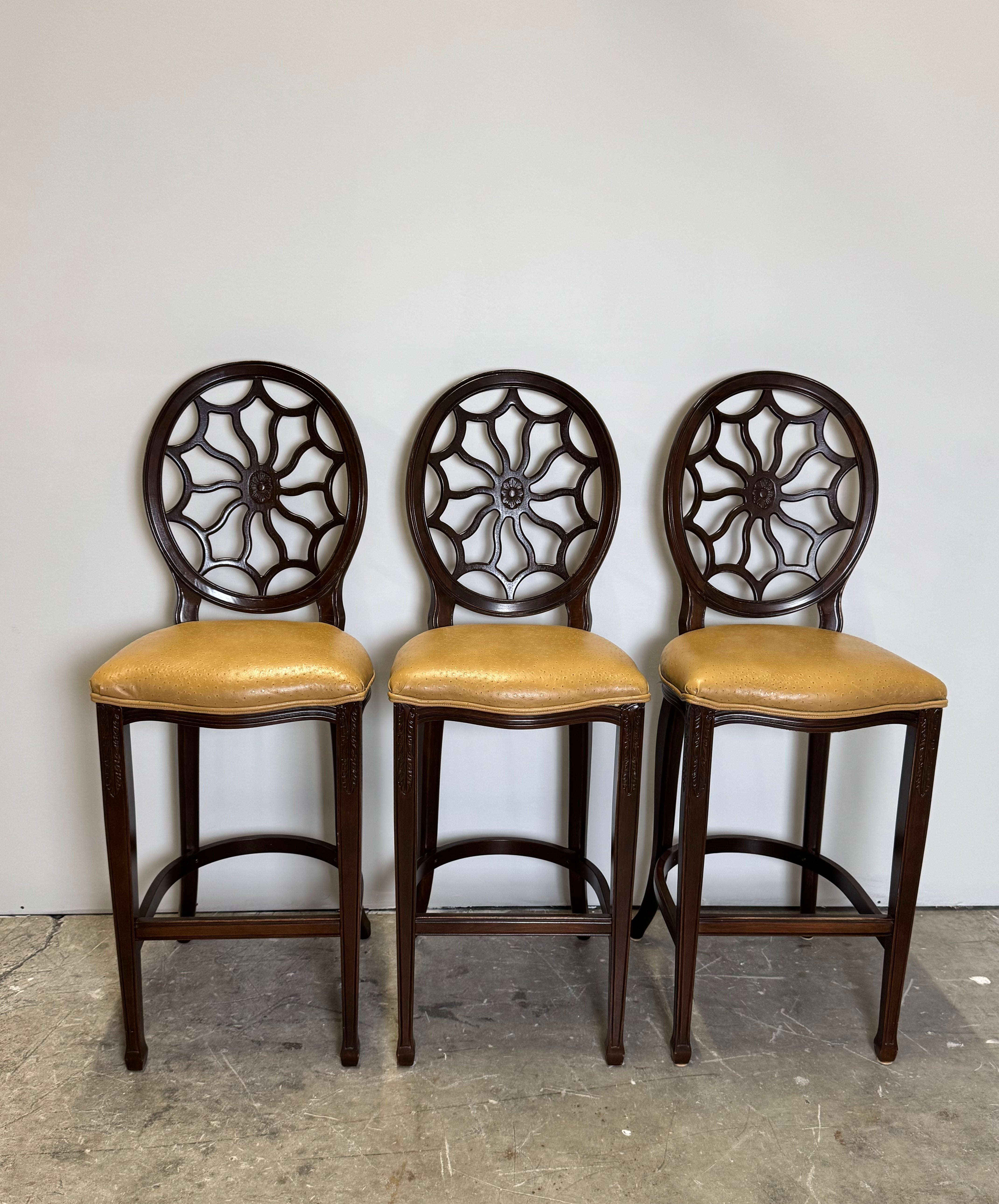 Tan Ostrich Leather Spider Back Bar Stools Set of 3