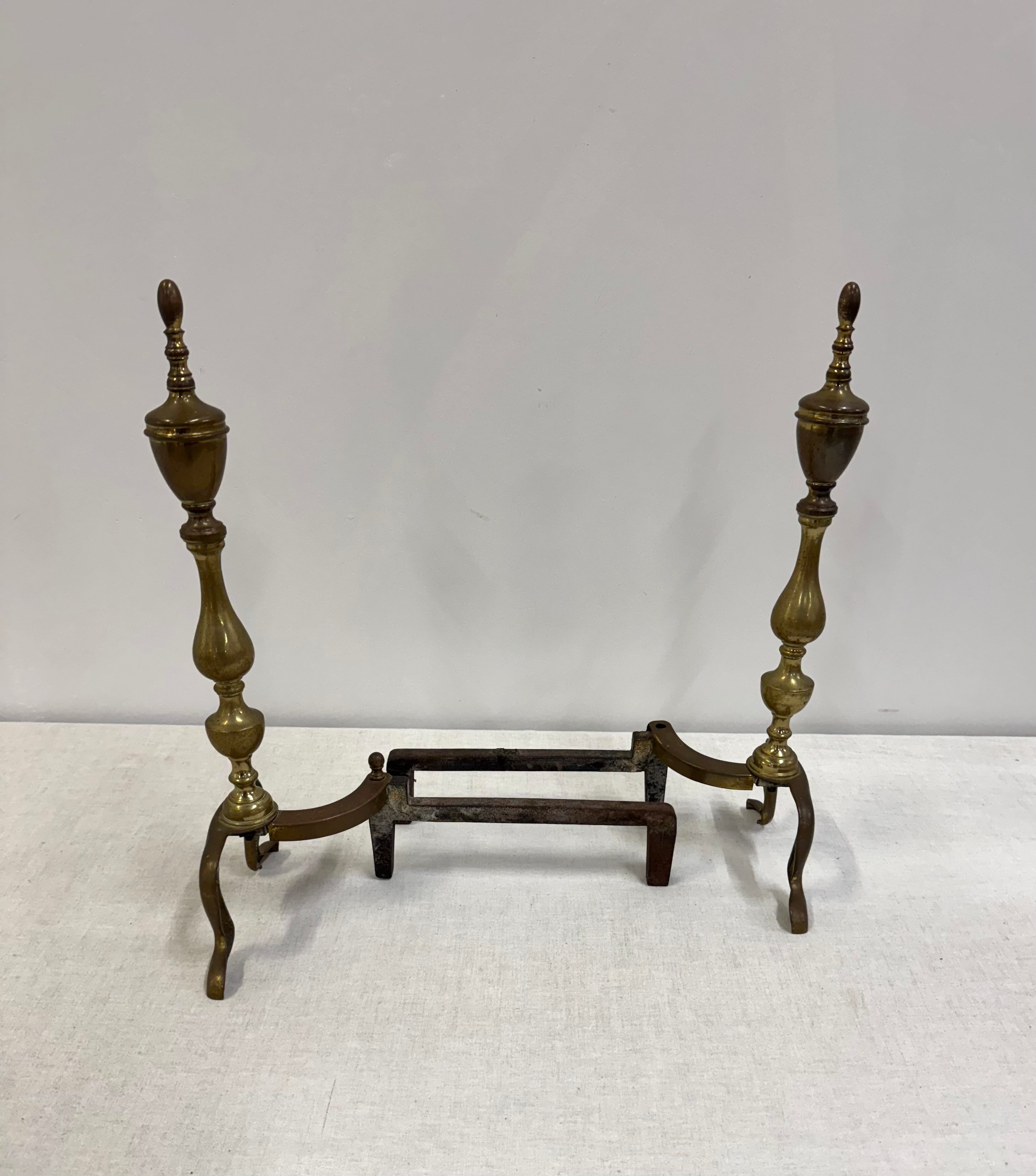Vintage Aged Brass Andirons Set of 2