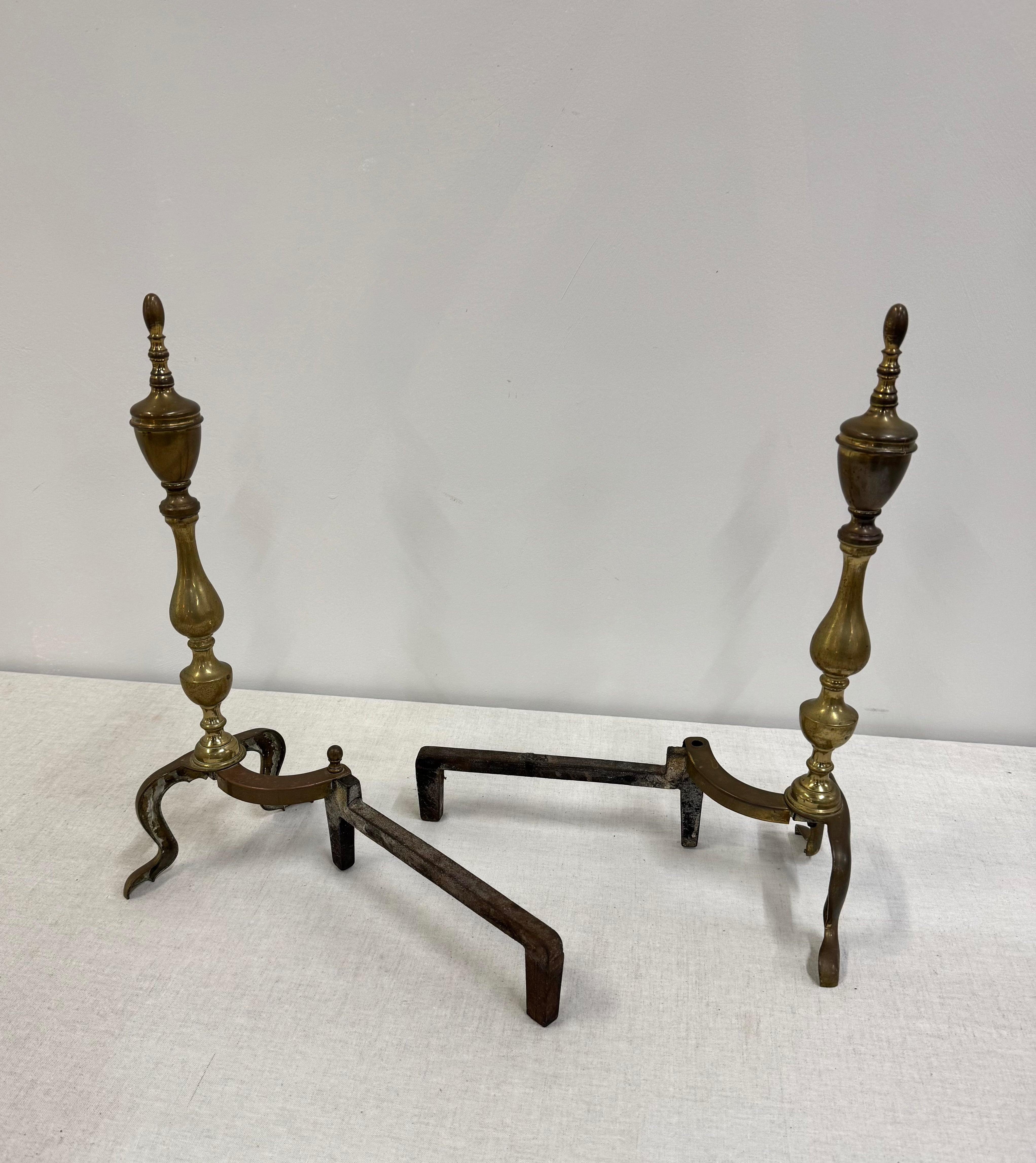 Vintage Aged Brass Andirons Set of 2