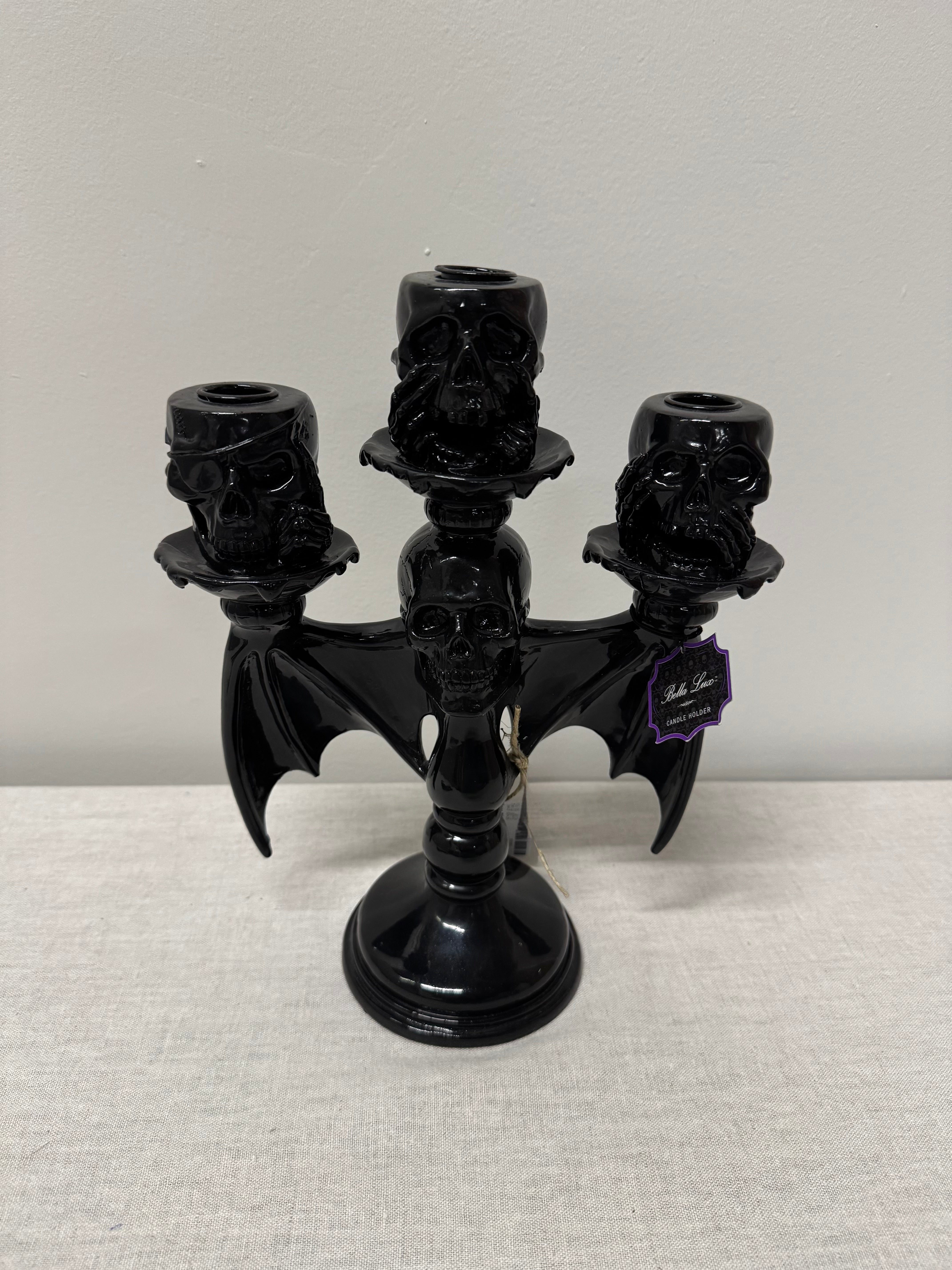 Gloss Black Skulls Candelabra