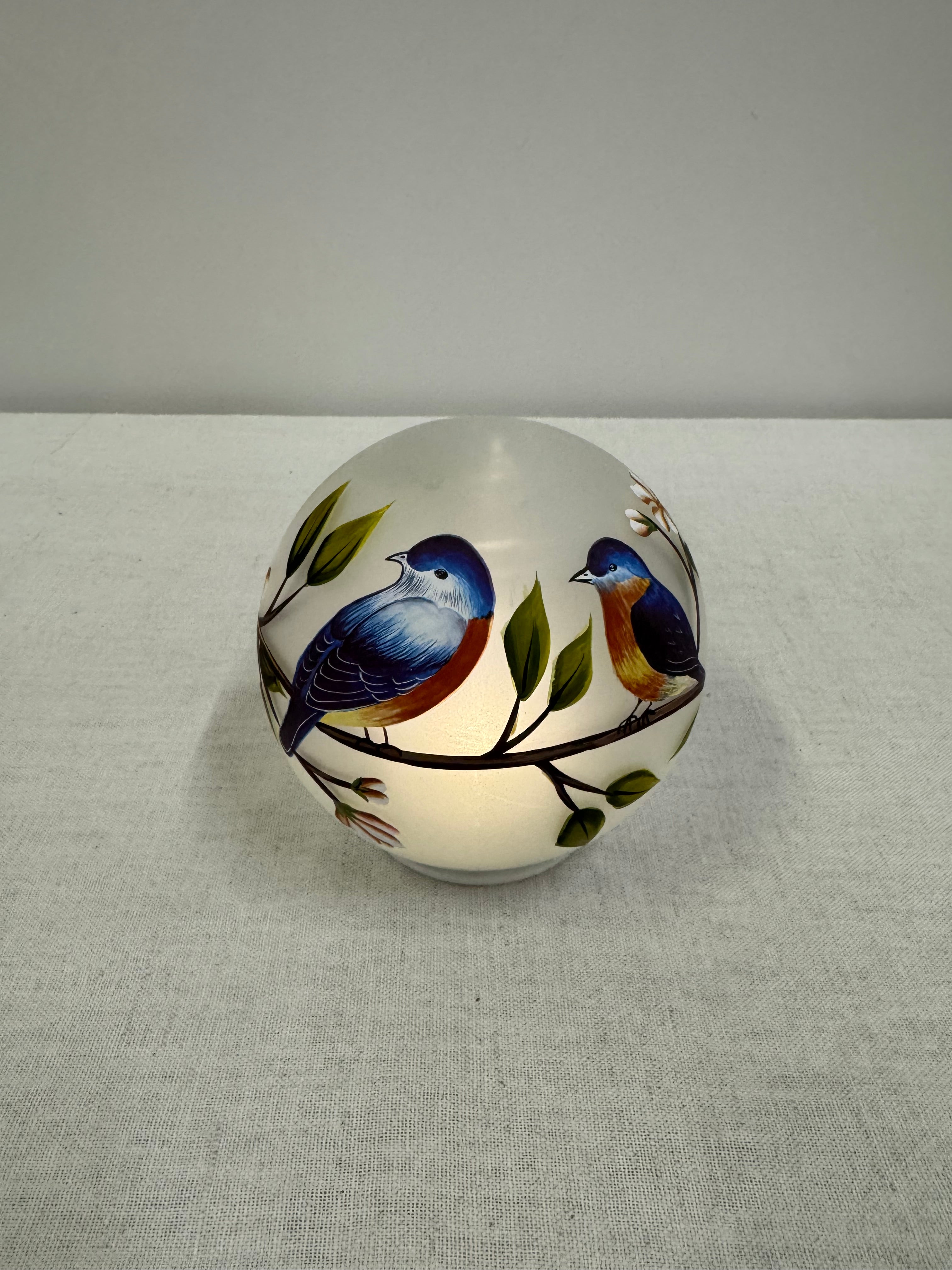 Frosted Glass Lighted Sphere with Hand-painted Birds
