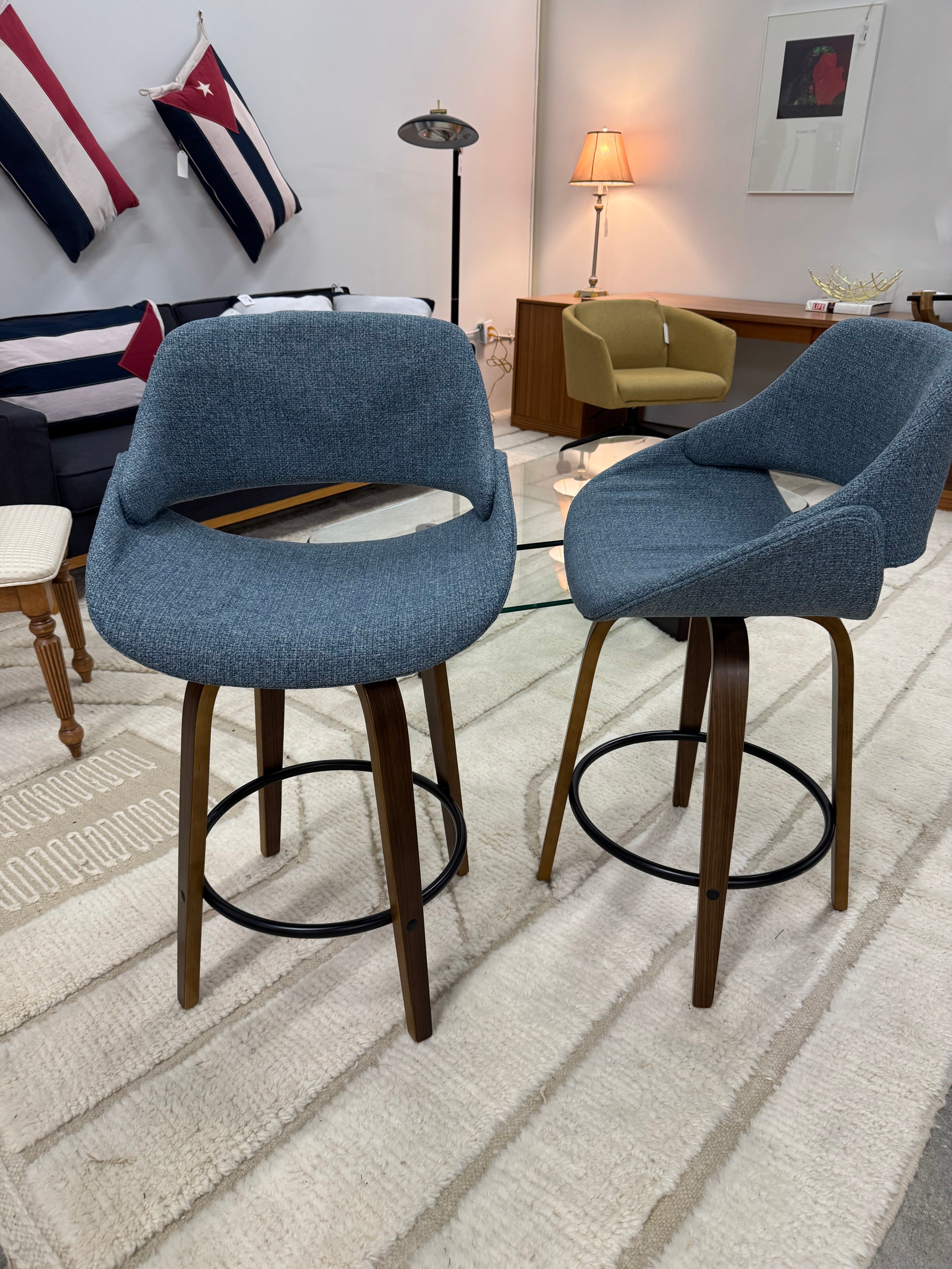 MCM Style French Blue Tweed Counter Stools Set of 2