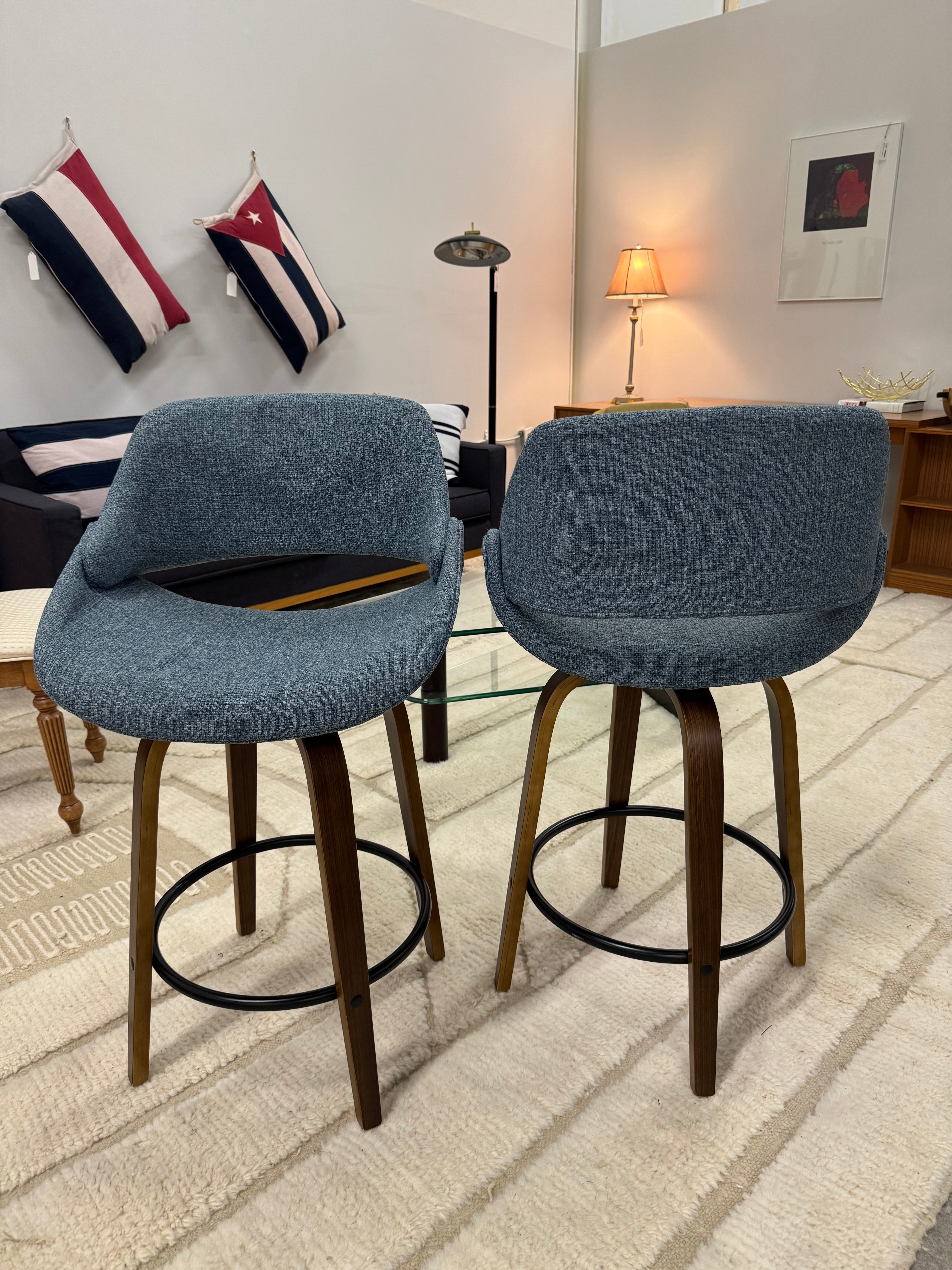 MCM Style French Blue Tweed Counter Stools Set of 2