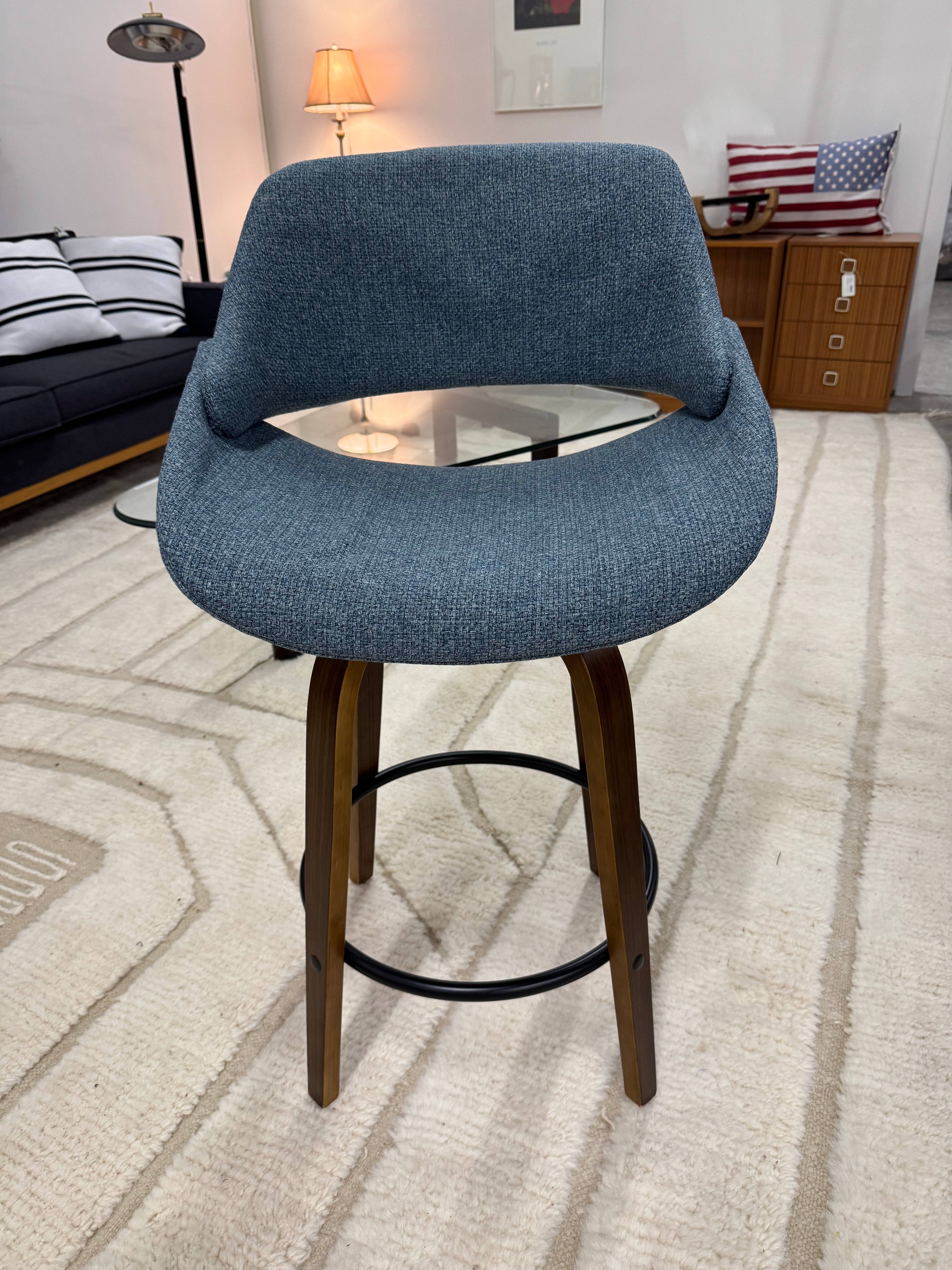 MCM Style French Blue Tweed Counter Stools Set of 2