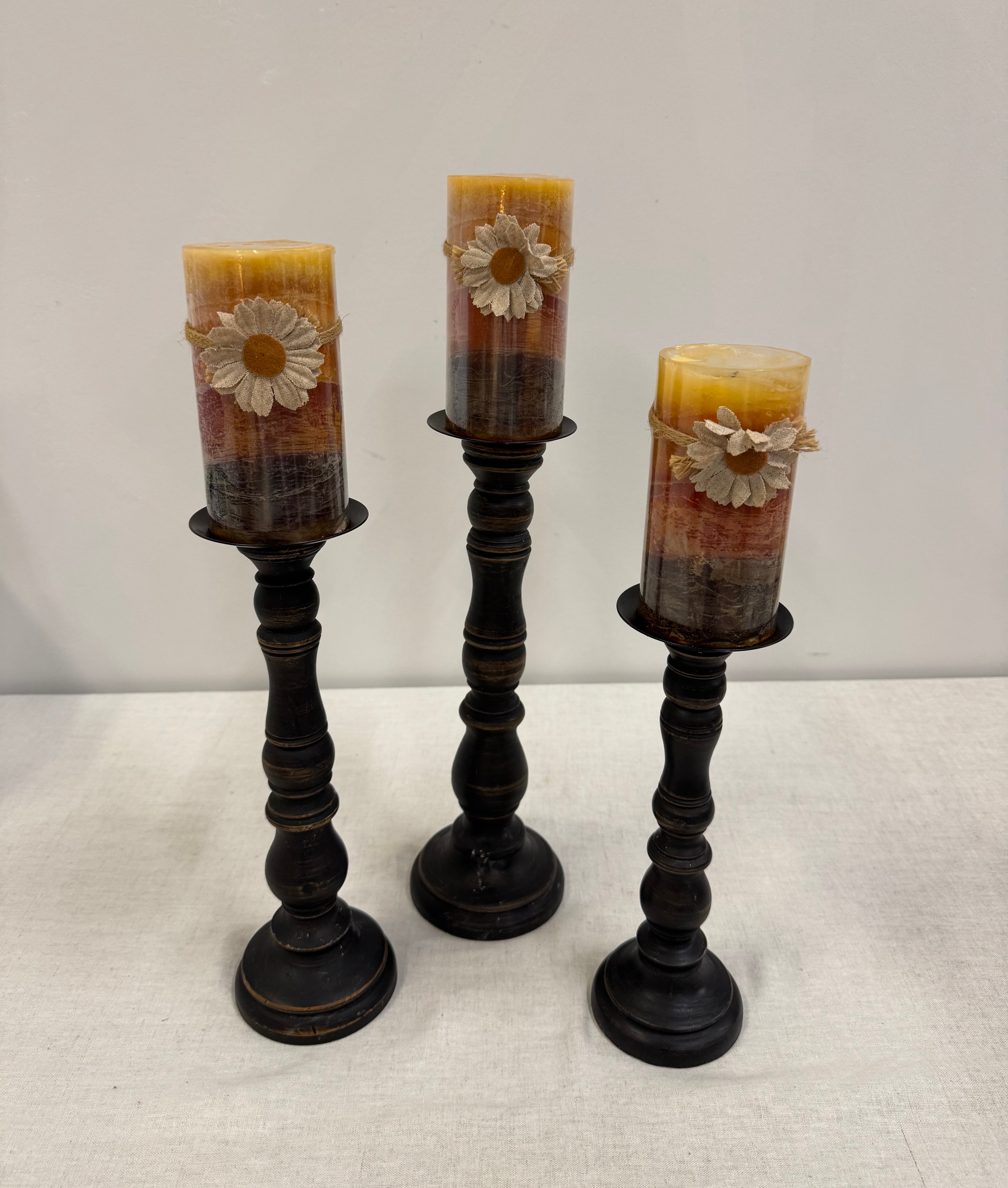 PIER 1 Distressed Wood Candle Holders & Candles Set of 3