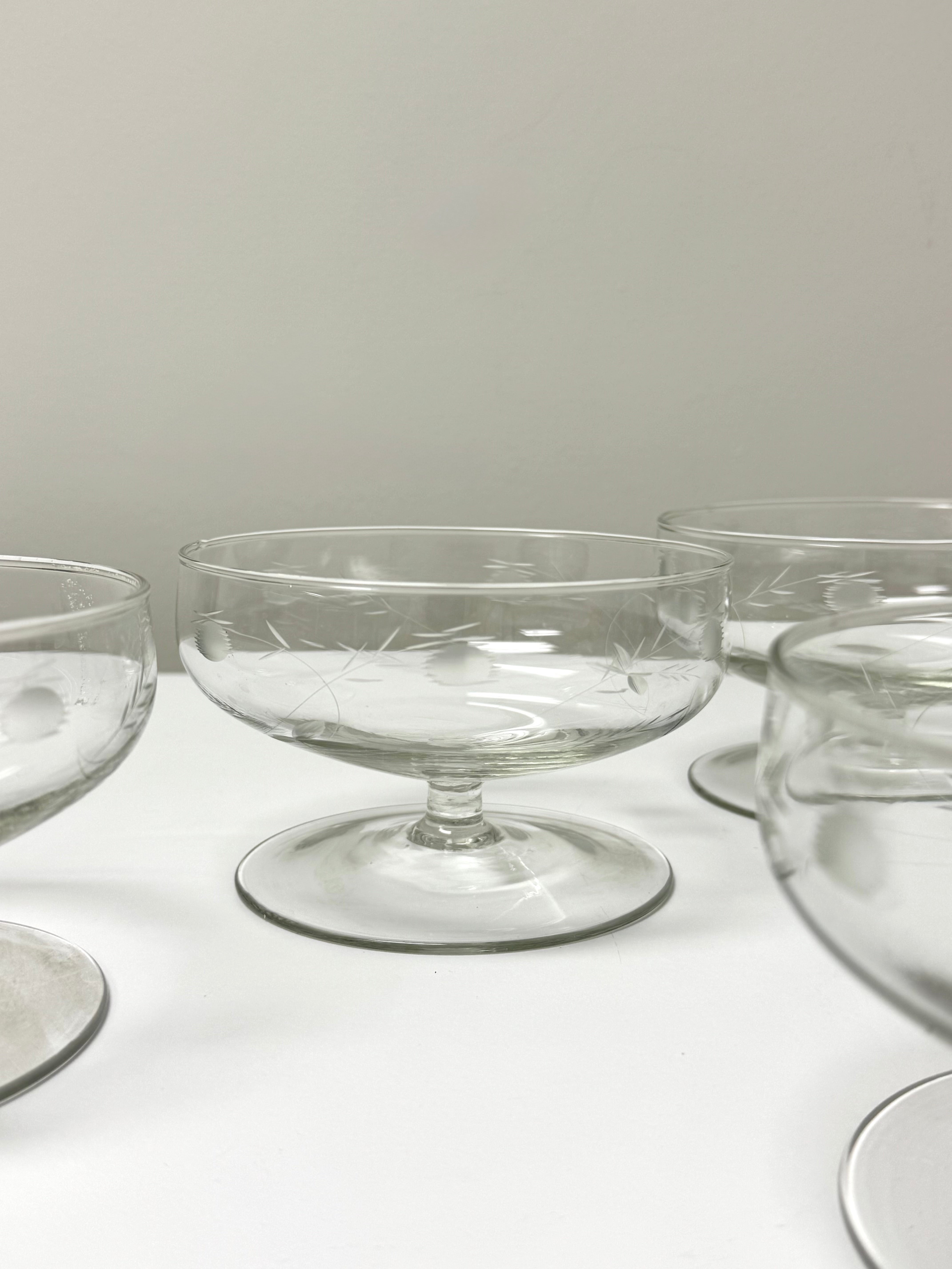 Vintage Etched Glass Stemmed Dessert Coupes Set of 4