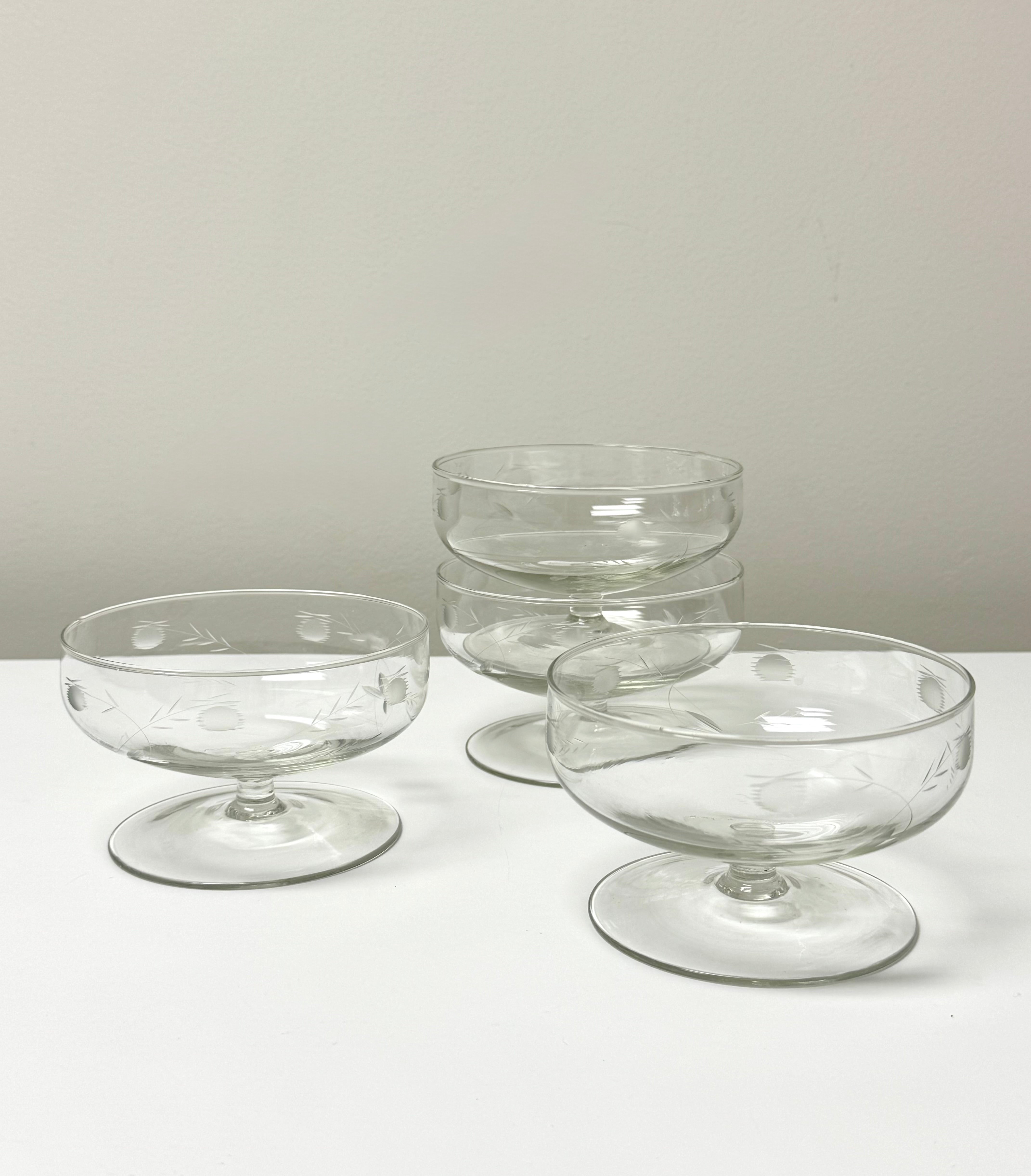 Vintage Etched Glass Stemmed Dessert Coupes Set of 4