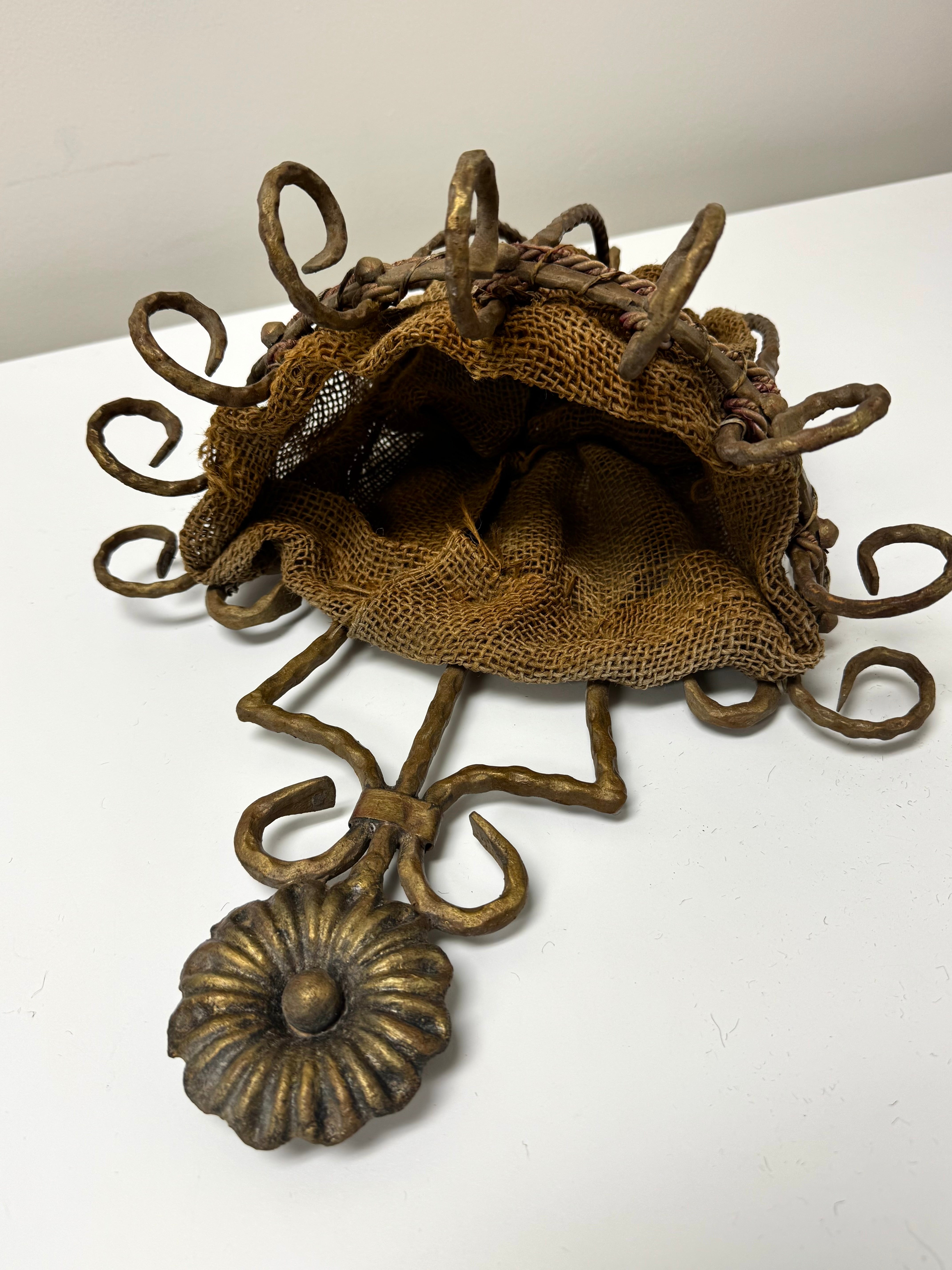 Aged Gold Metal Wall Planter with Burlap Lining