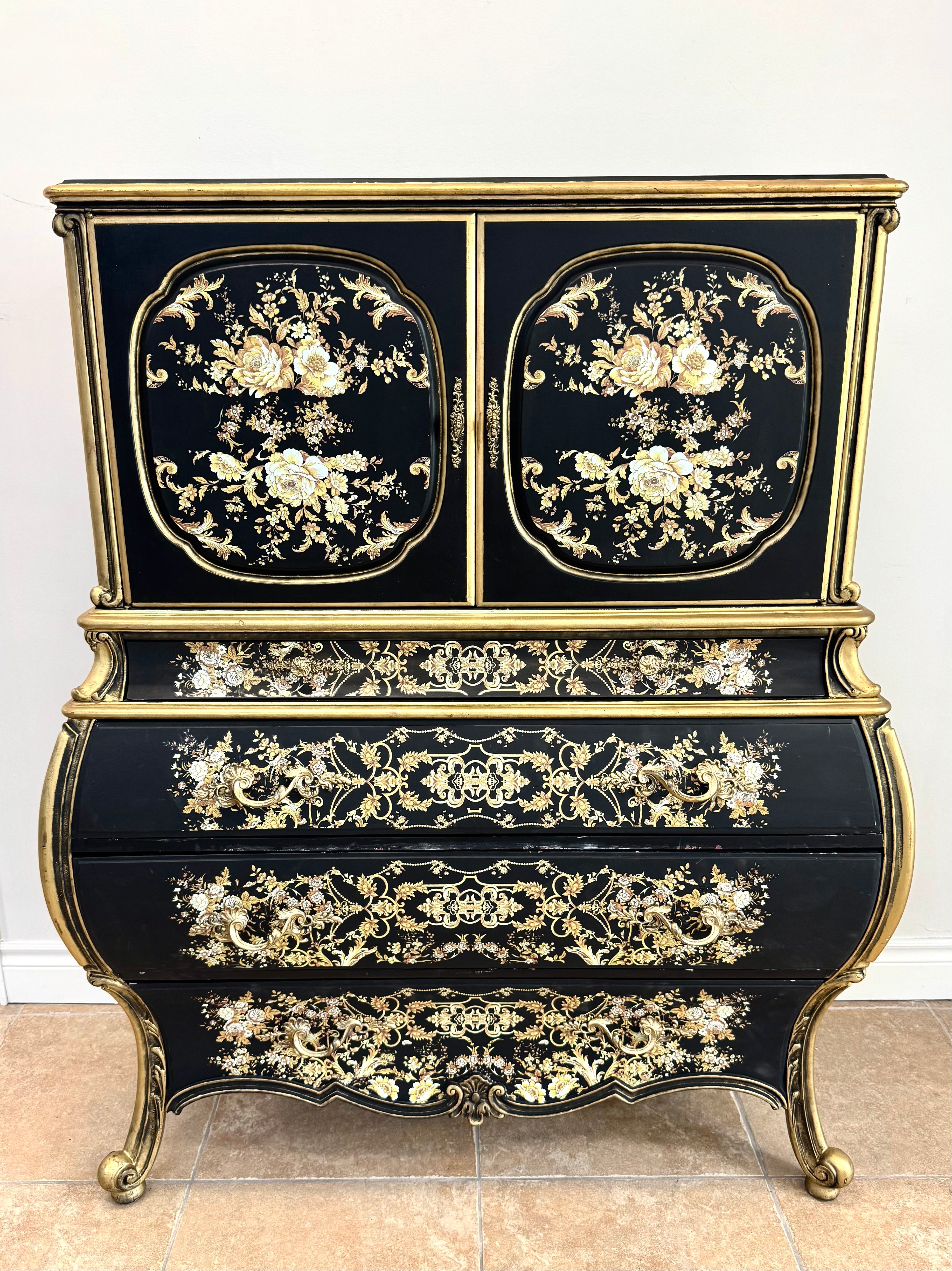 Black & Gold Chinoiserie Floral Bombe Chest