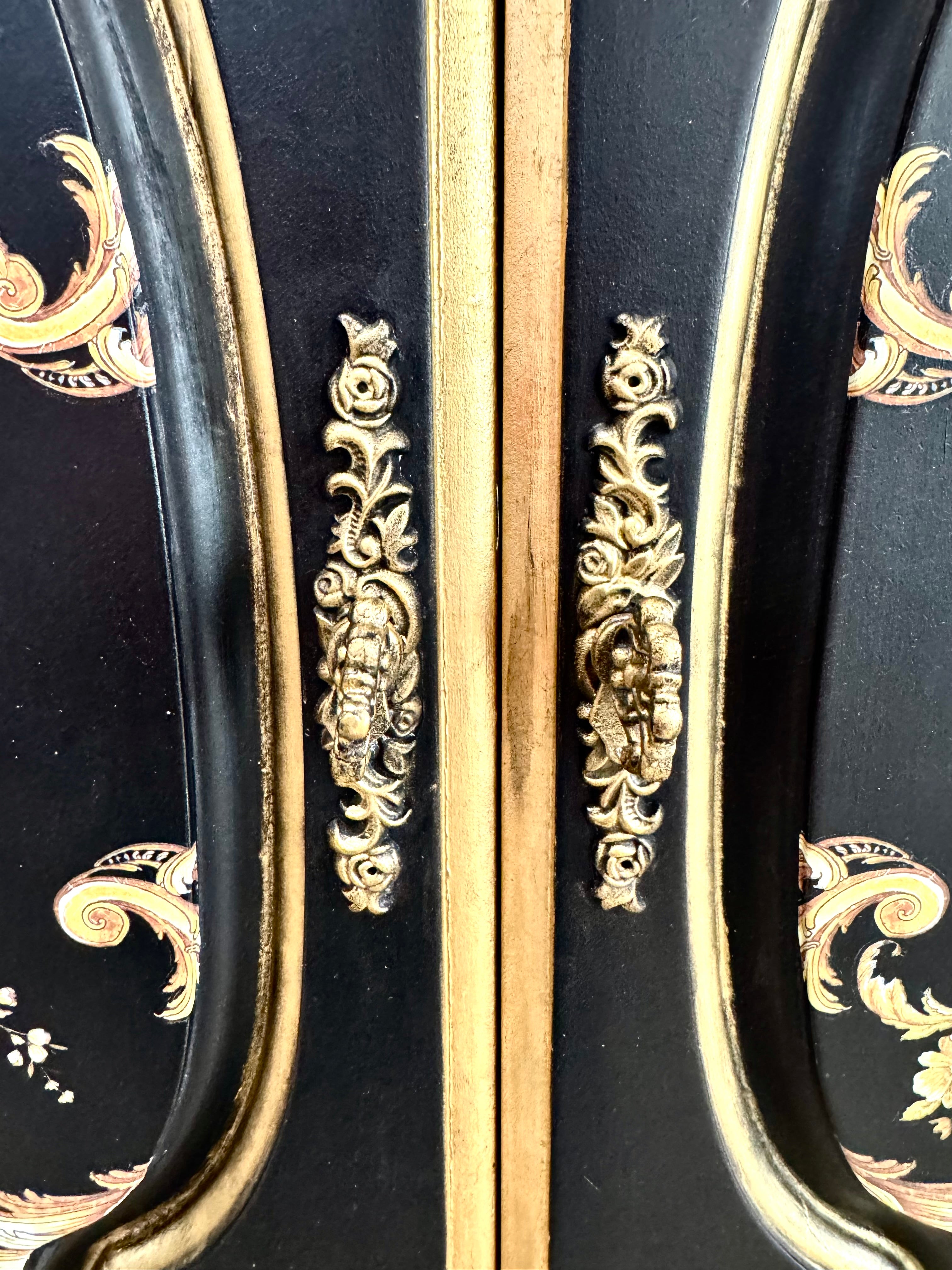Black & Gold Chinoiserie Floral Bombe Chest