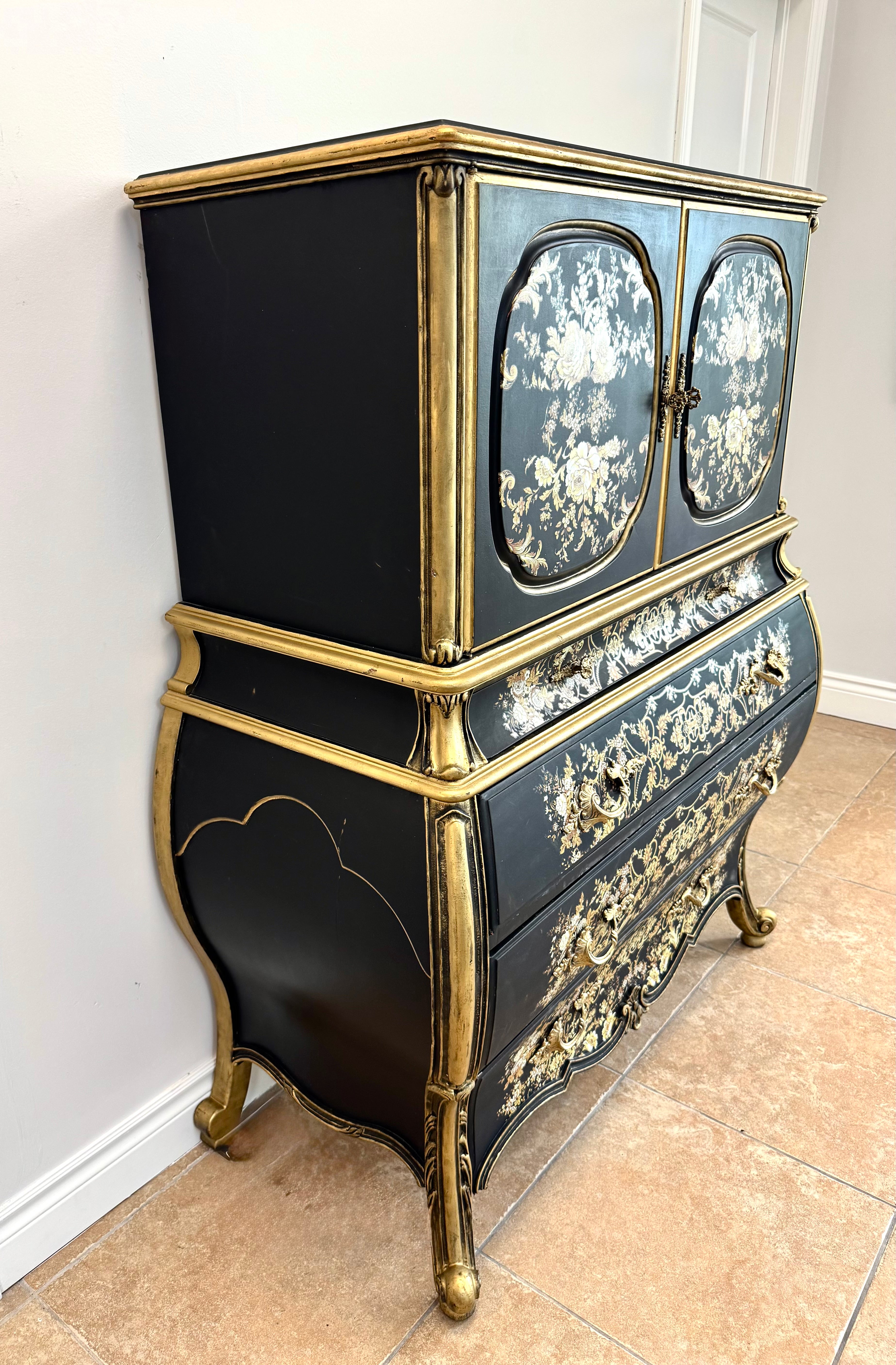 Black & Gold Chinoiserie Floral Bombe Chest