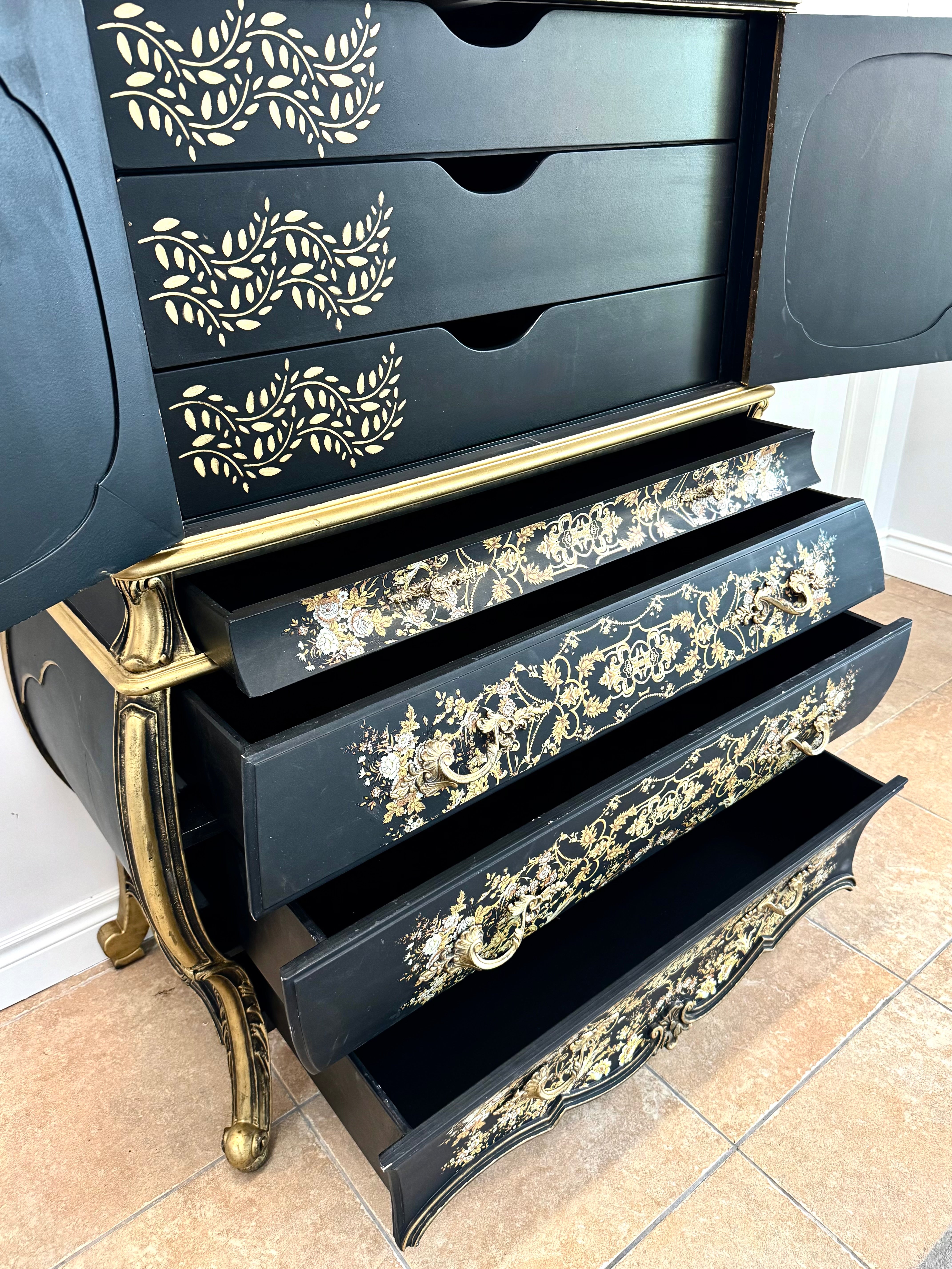 Black & Gold Chinoiserie Floral Bombe Chest
