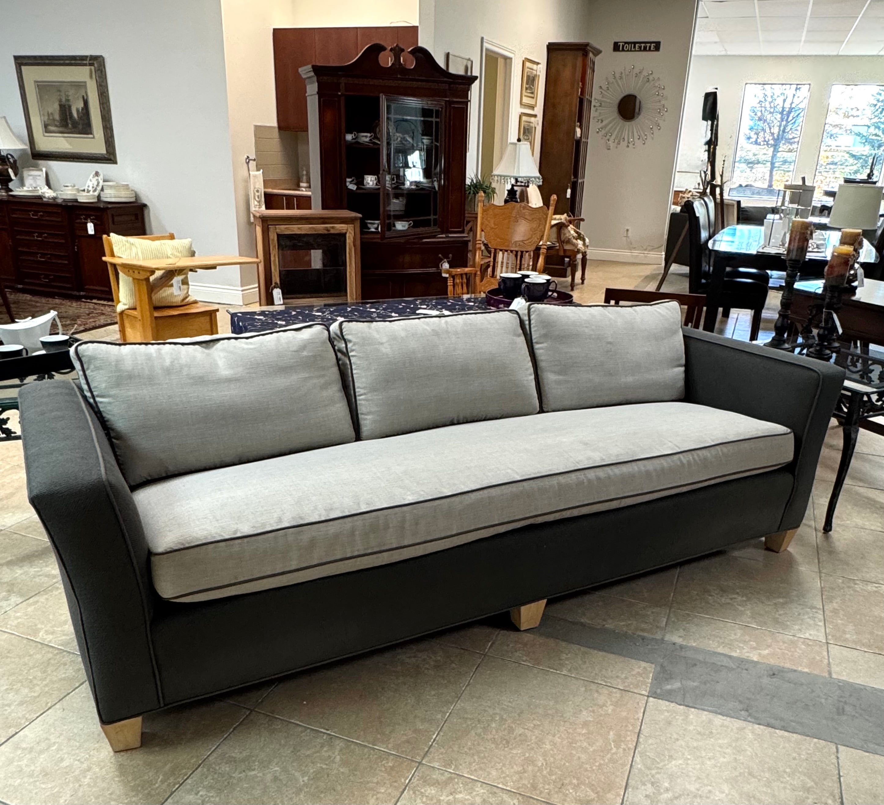 Gray Herringbone & Natural Linen 94" Sofa