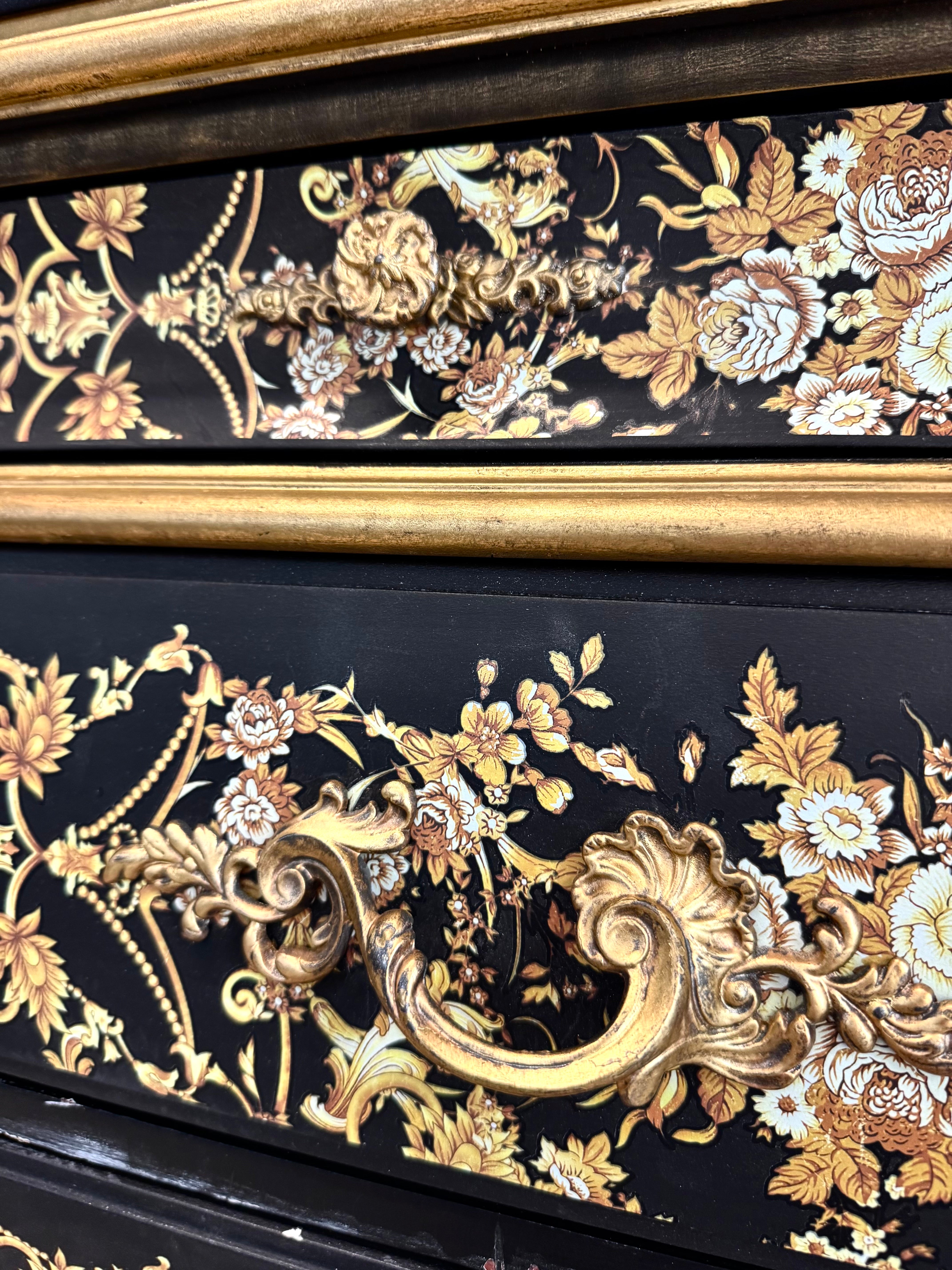 Black & Gold Chinoiserie Floral Bombe Chest