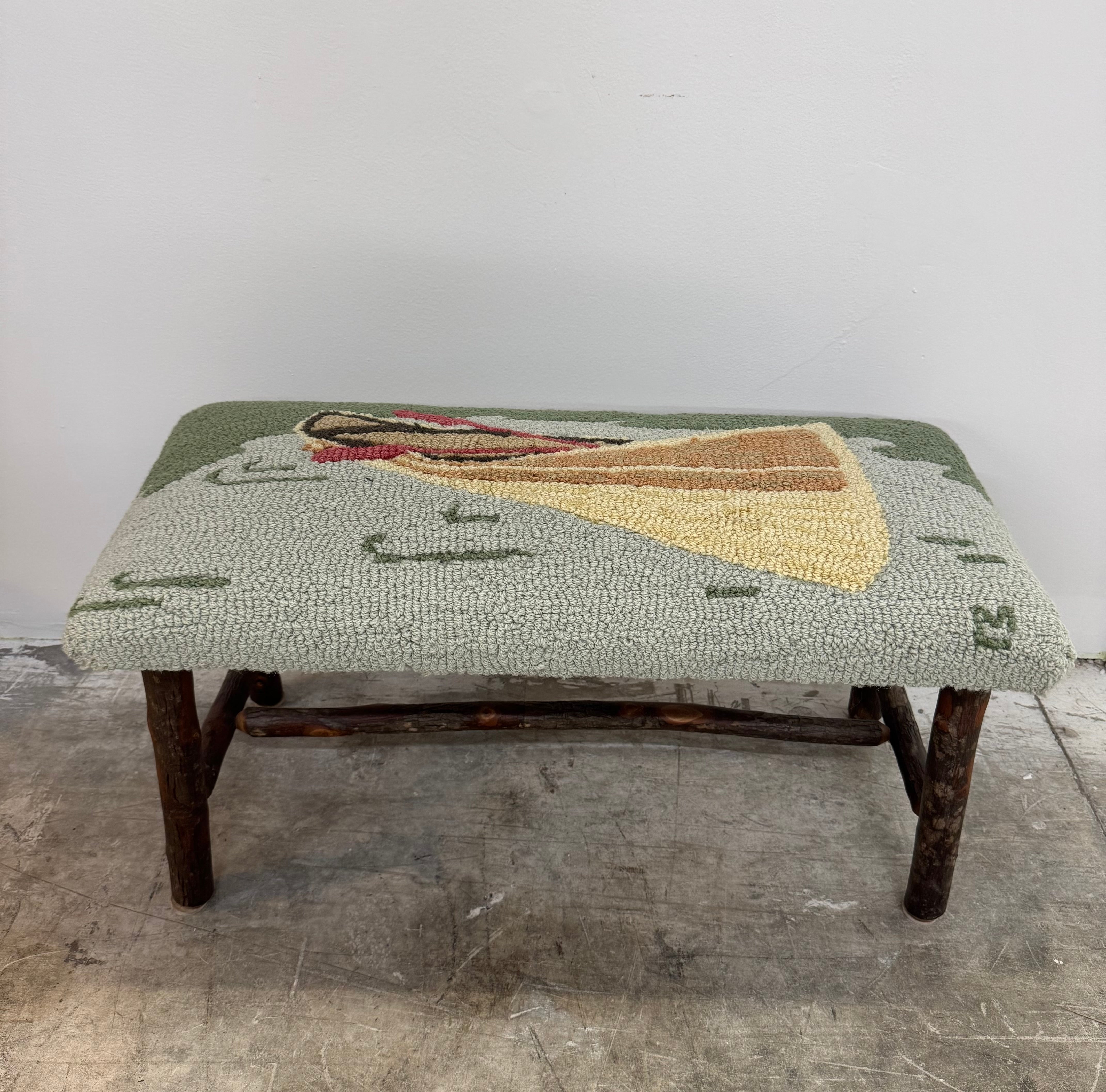 Hooked Wool Canoe Hickory Bench