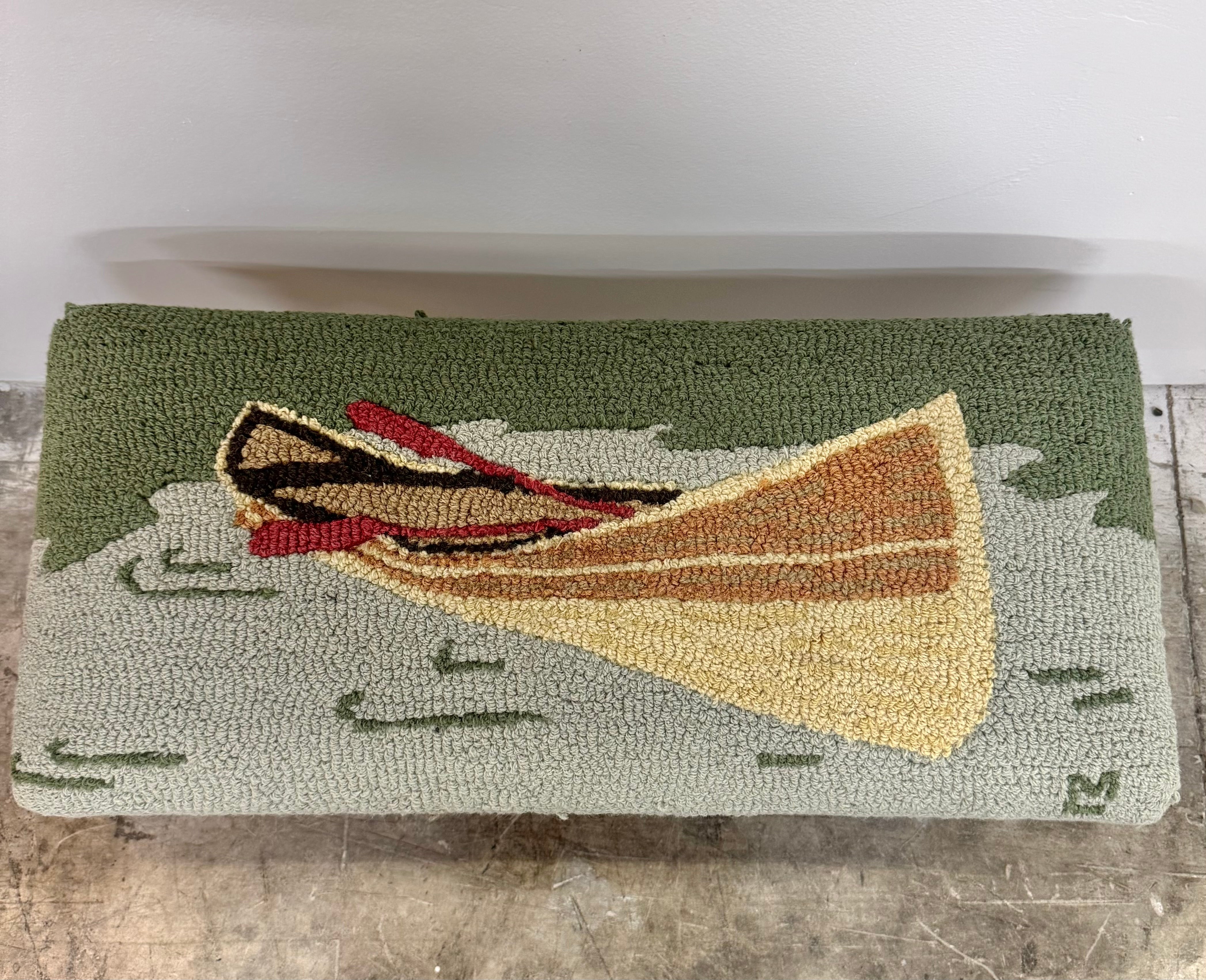 Hooked Wool Canoe Hickory Bench