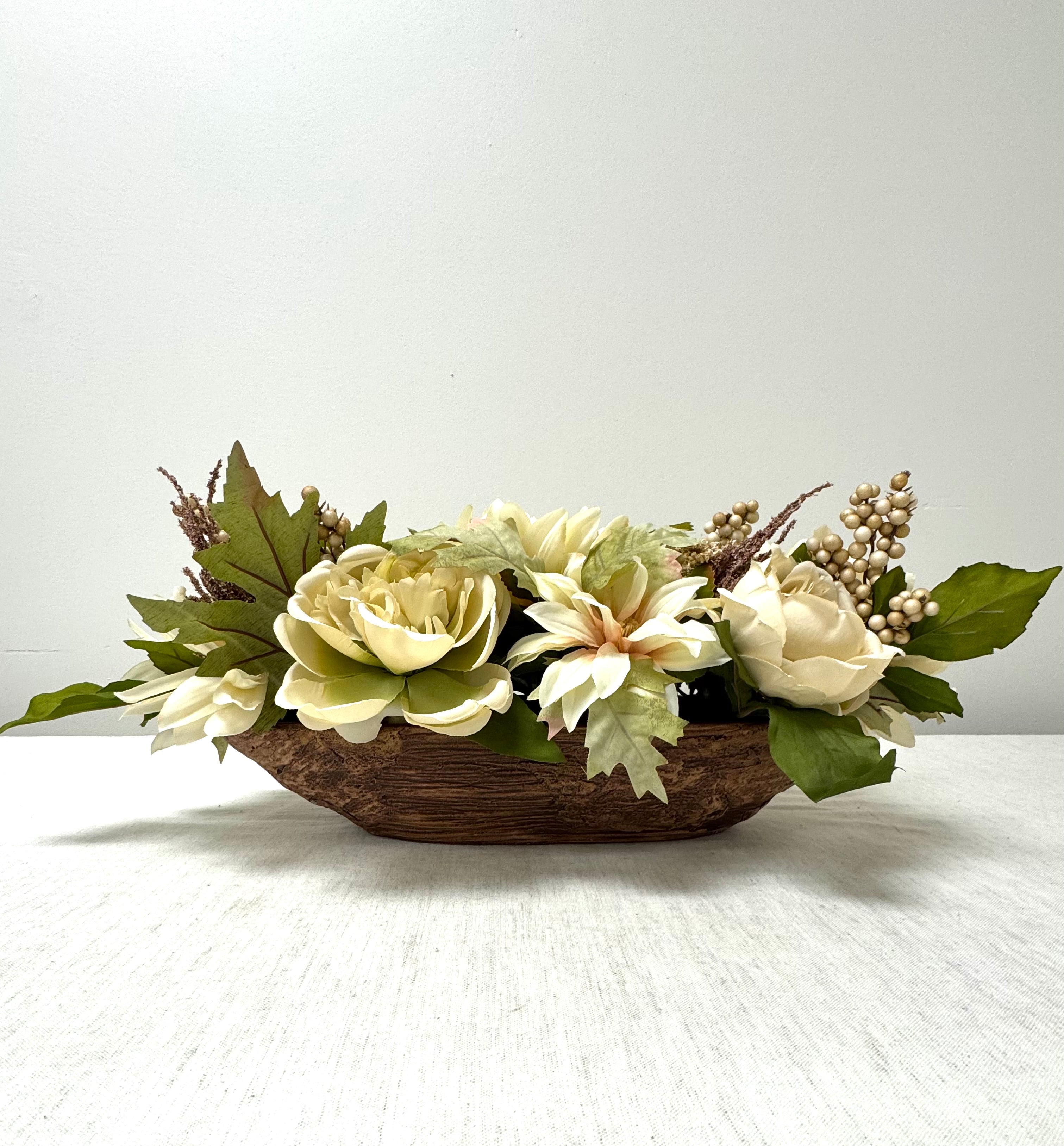 Cream Peonies & Foliage in Ceramic Wood Planter