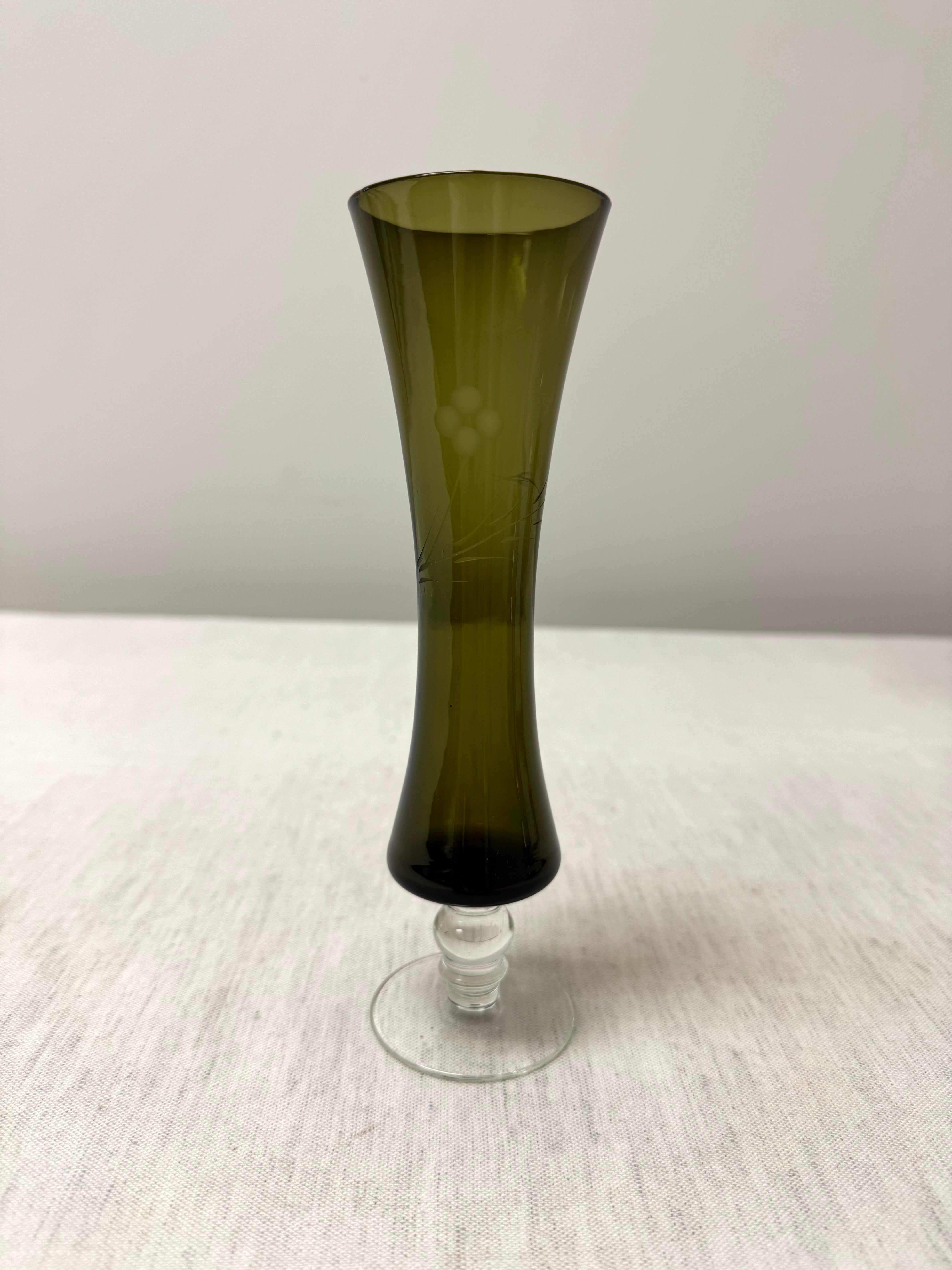 Vintage Smoked Olive Green Etched Bud Vase