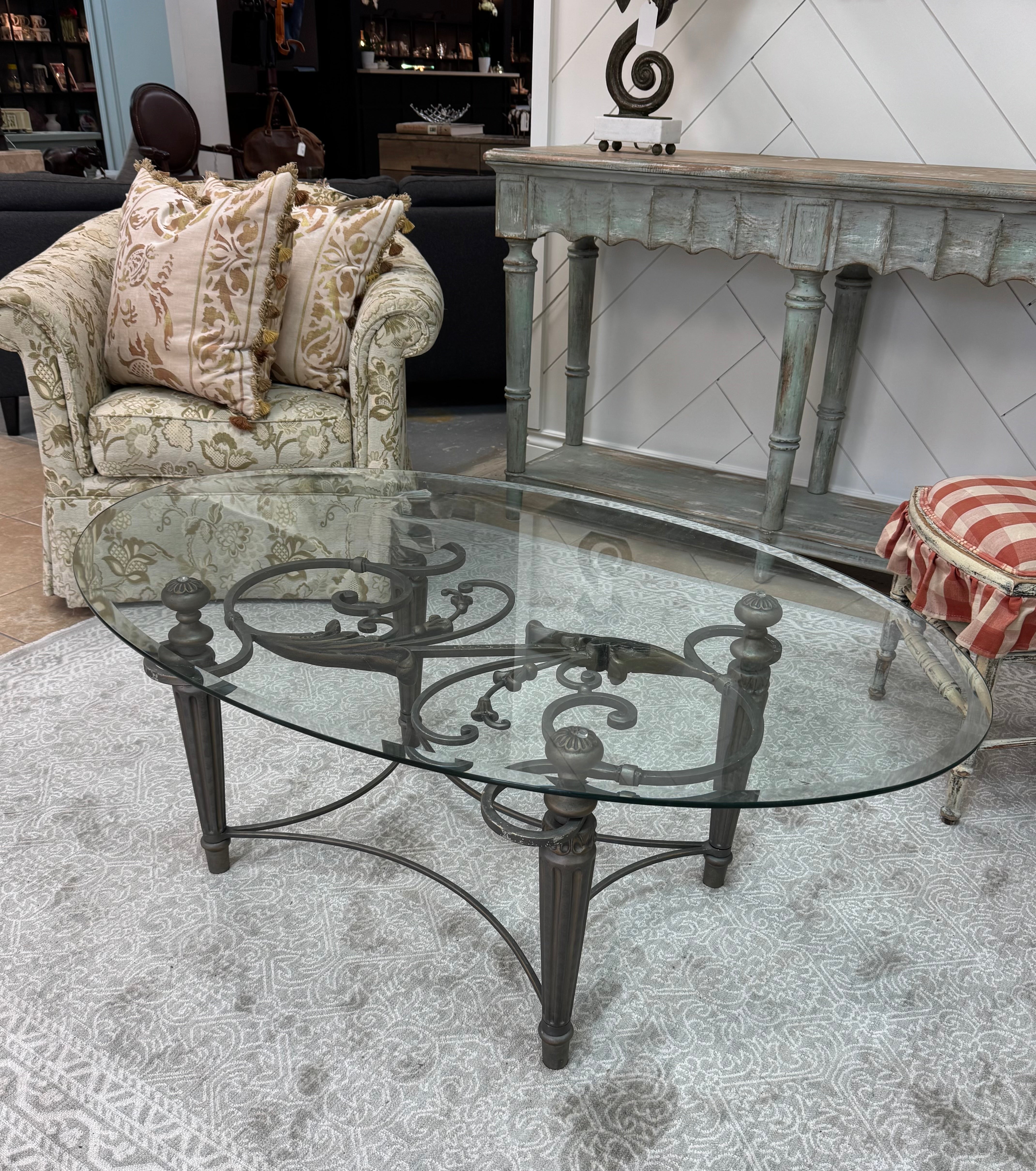 Charcoal Iron Scroll Glass-top Coffee Table
