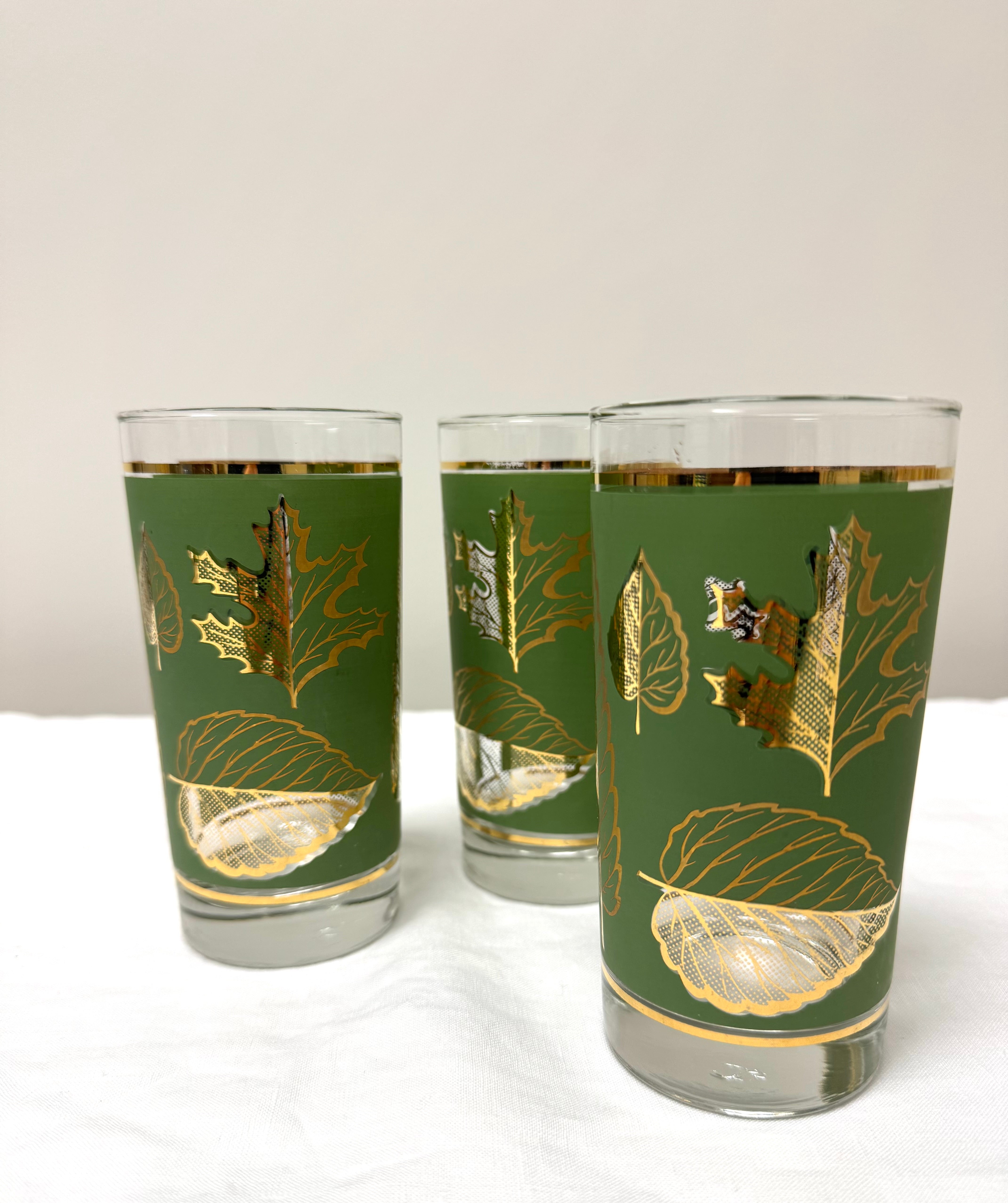 Vintage JEANETTE Green Leaf High Balls Set of 3