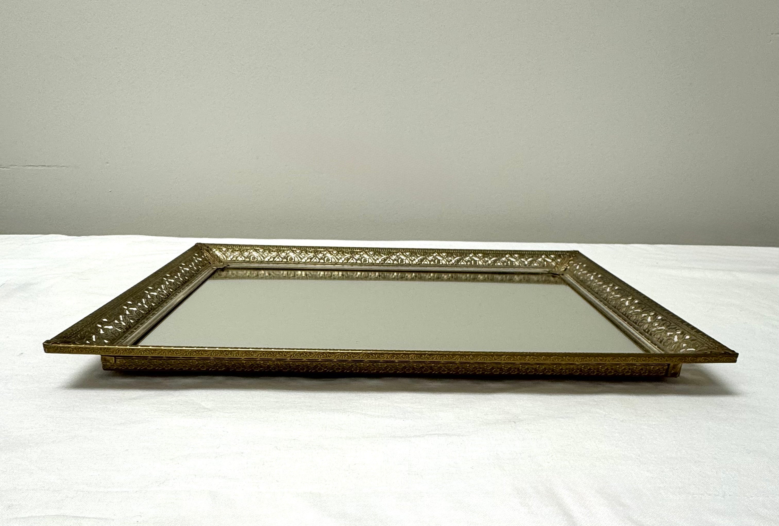 Vintage Pierced Metal Mirrored Tray