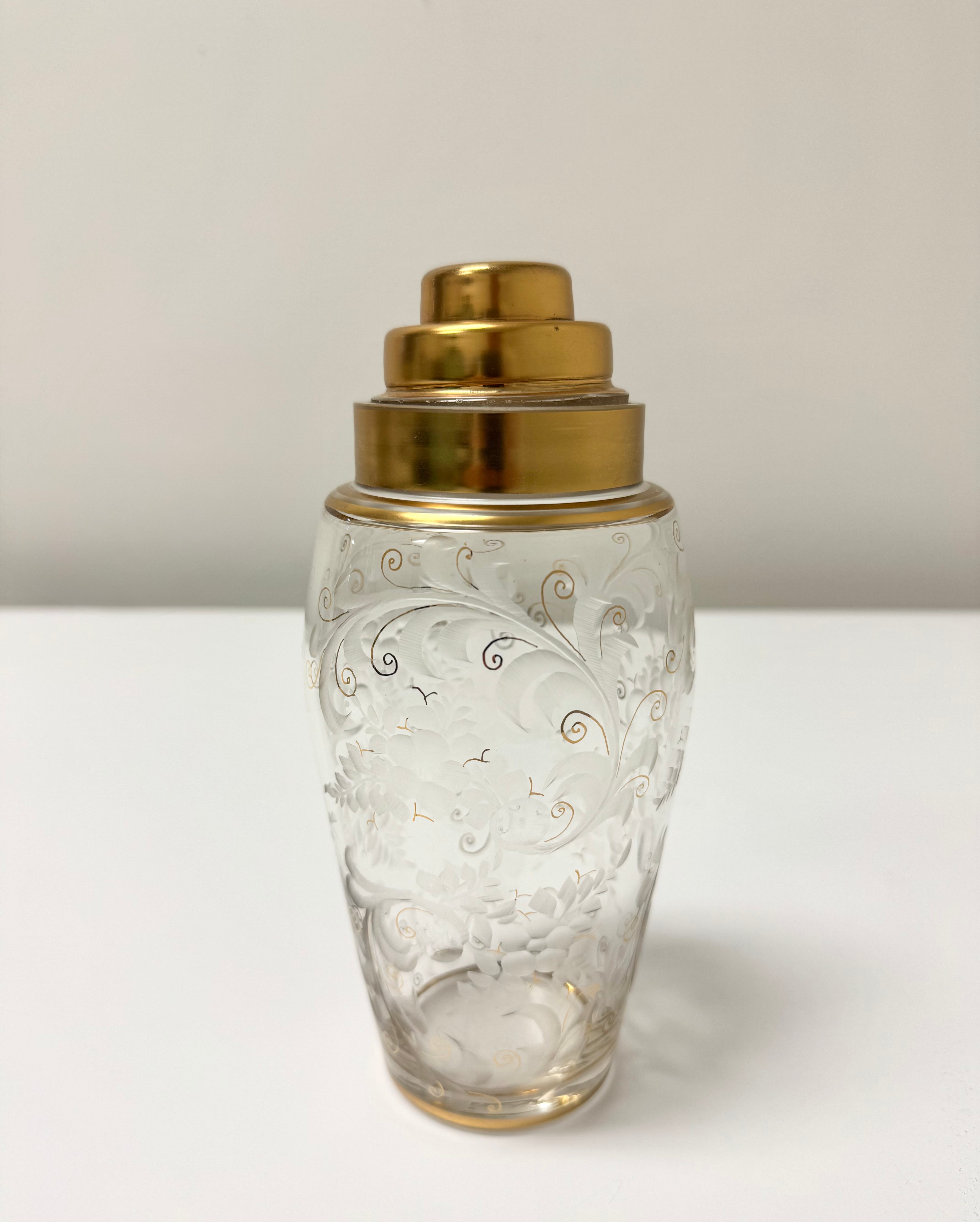 Vintage Etched Glass & Gold Cocktail Shaker
