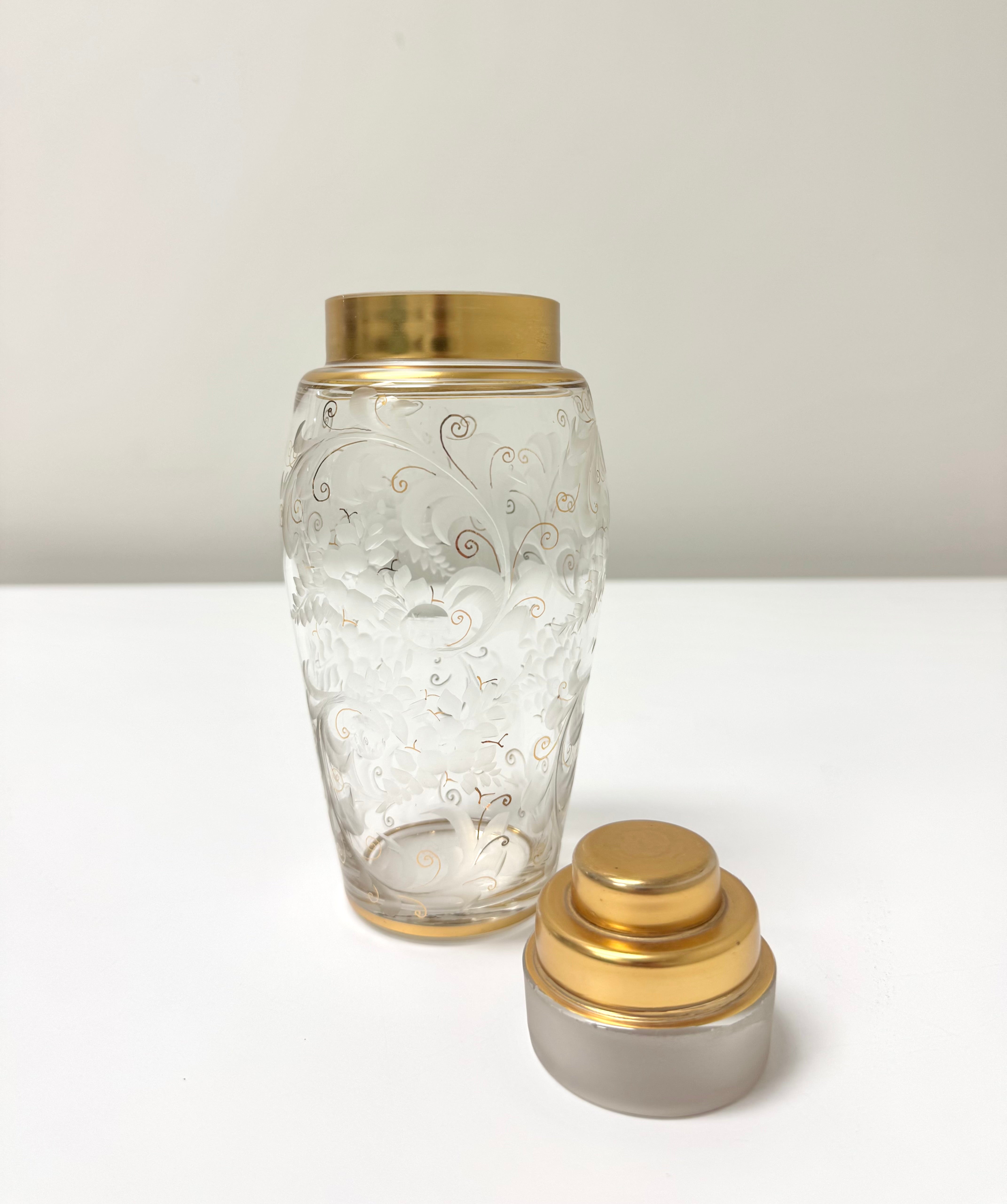 Vintage Etched Glass & Gold Cocktail Shaker