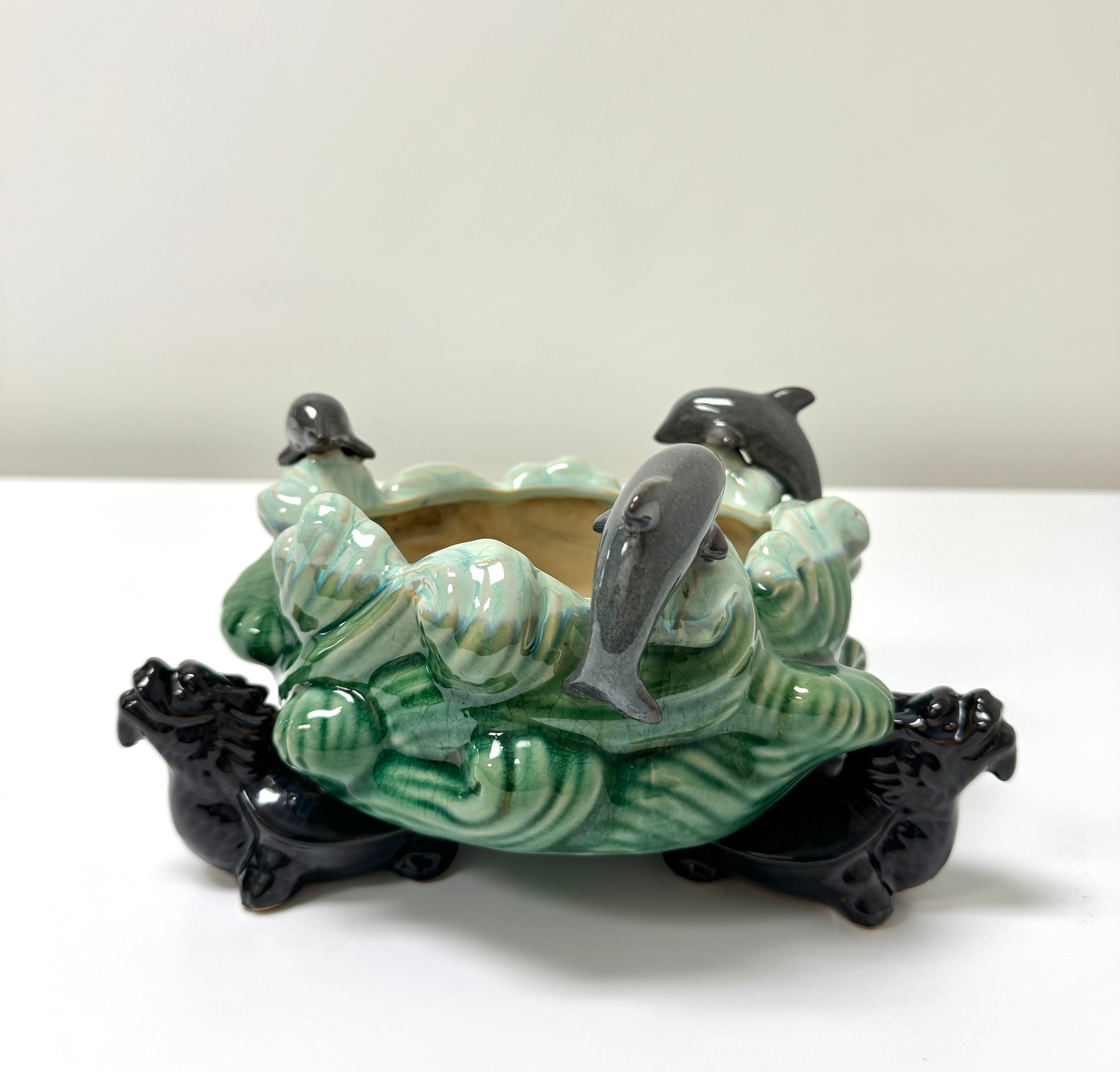 Vintage 'Dolphins Jumping Waves' Footed Bowl