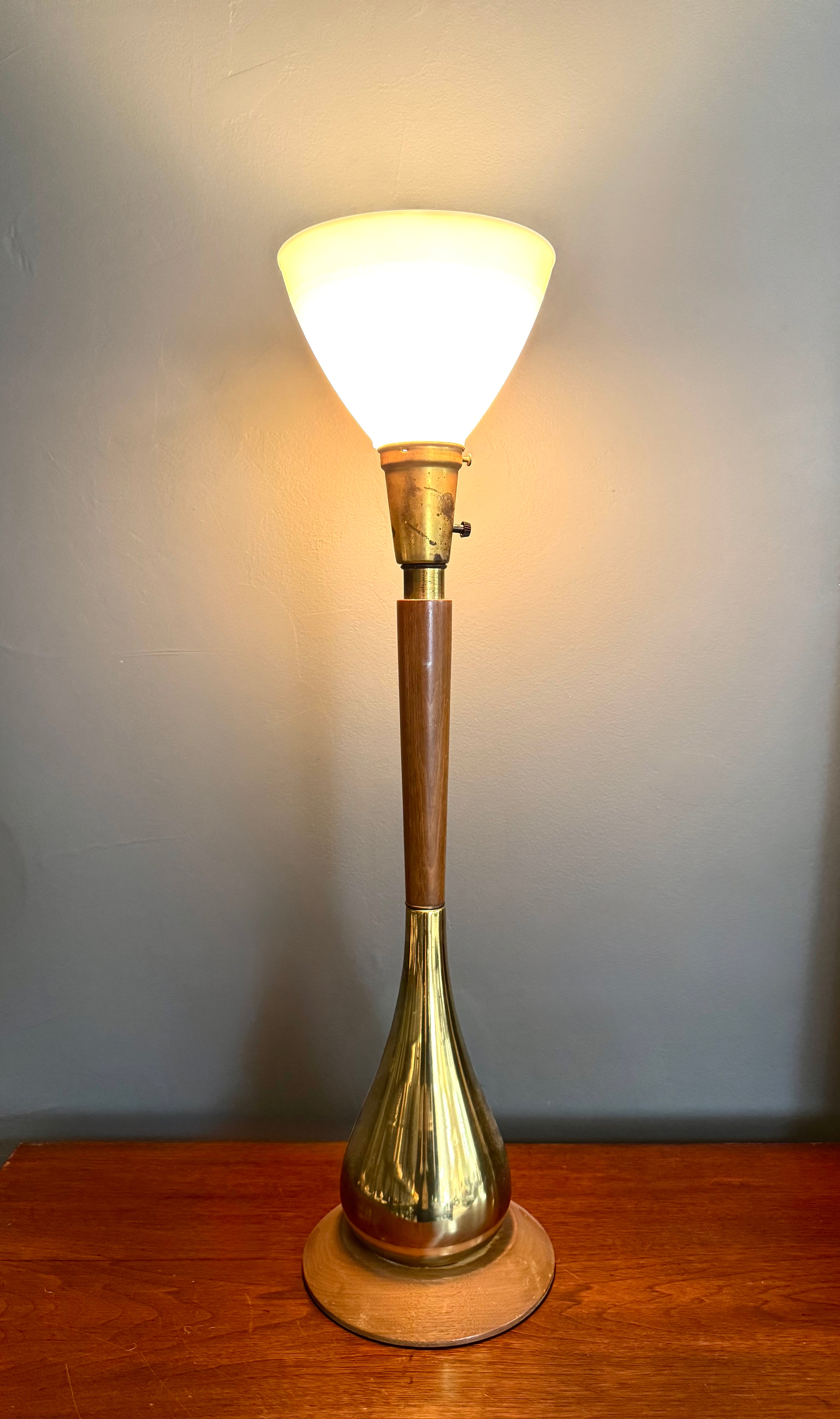 Vintage MCM Teak and Brass Teardrop Torchiere Lamp