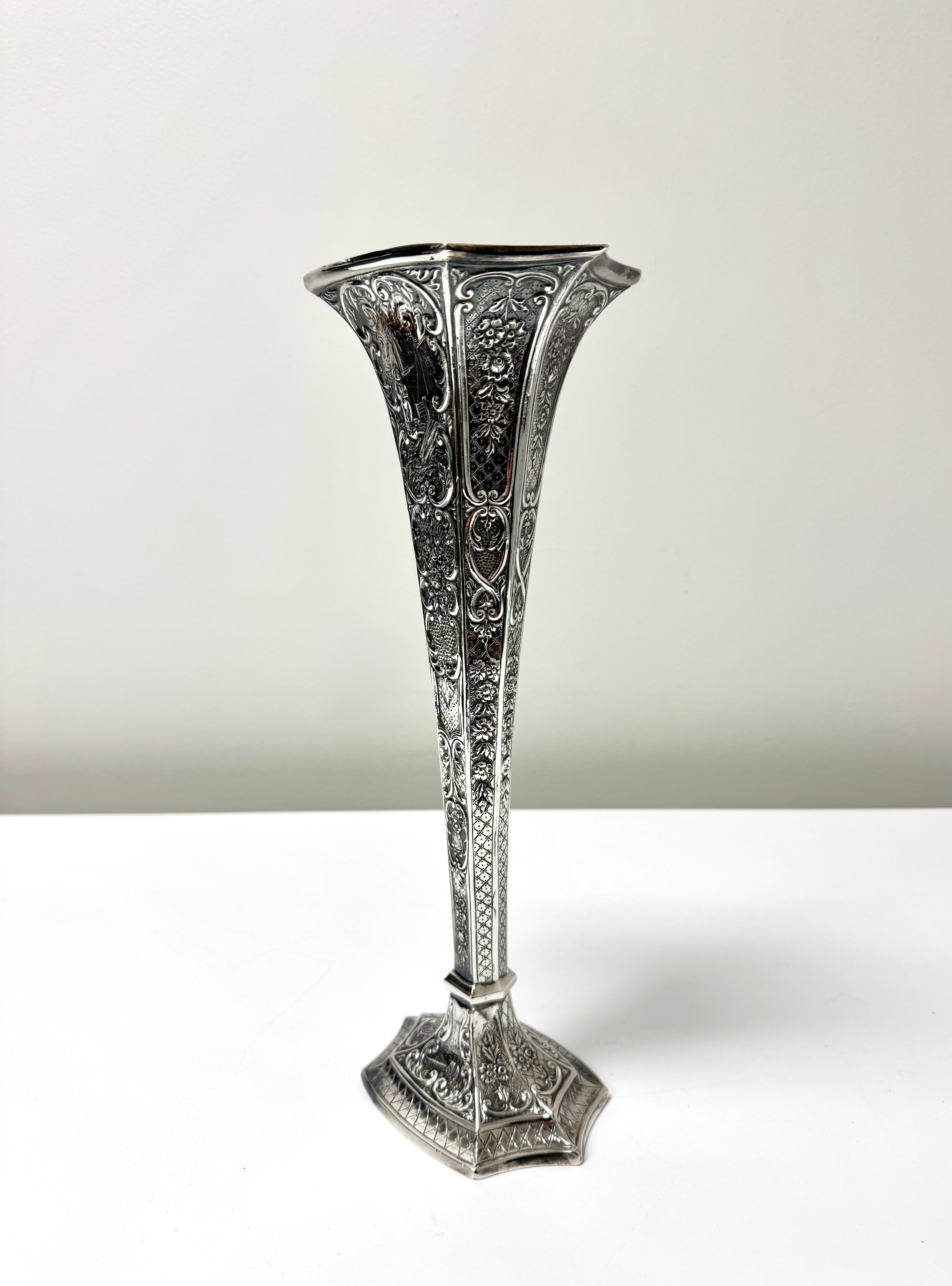 Vintage Embossed Silverplate Trumpet Vase