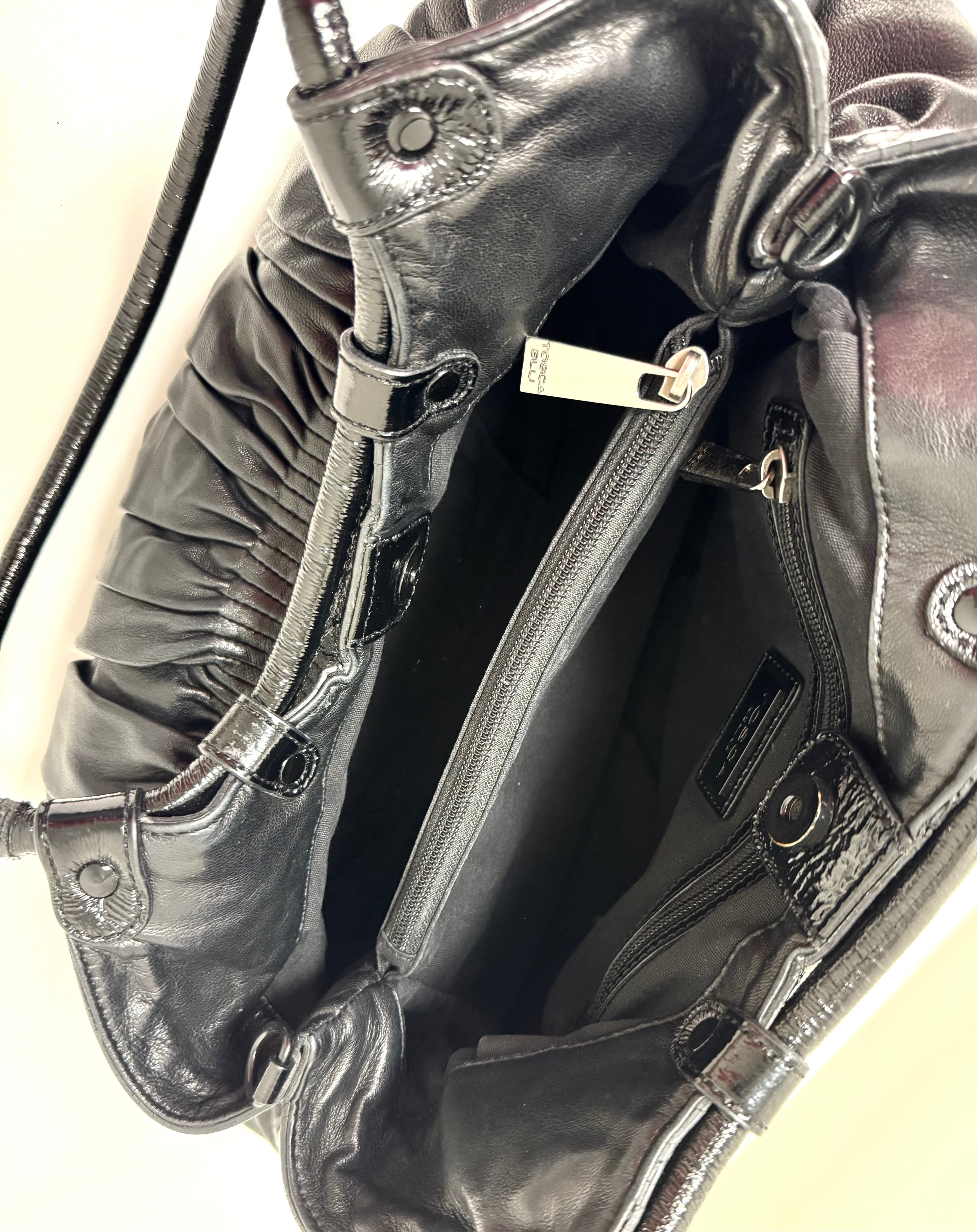 TOSCA BLU Black Ruched Leather Satchel
