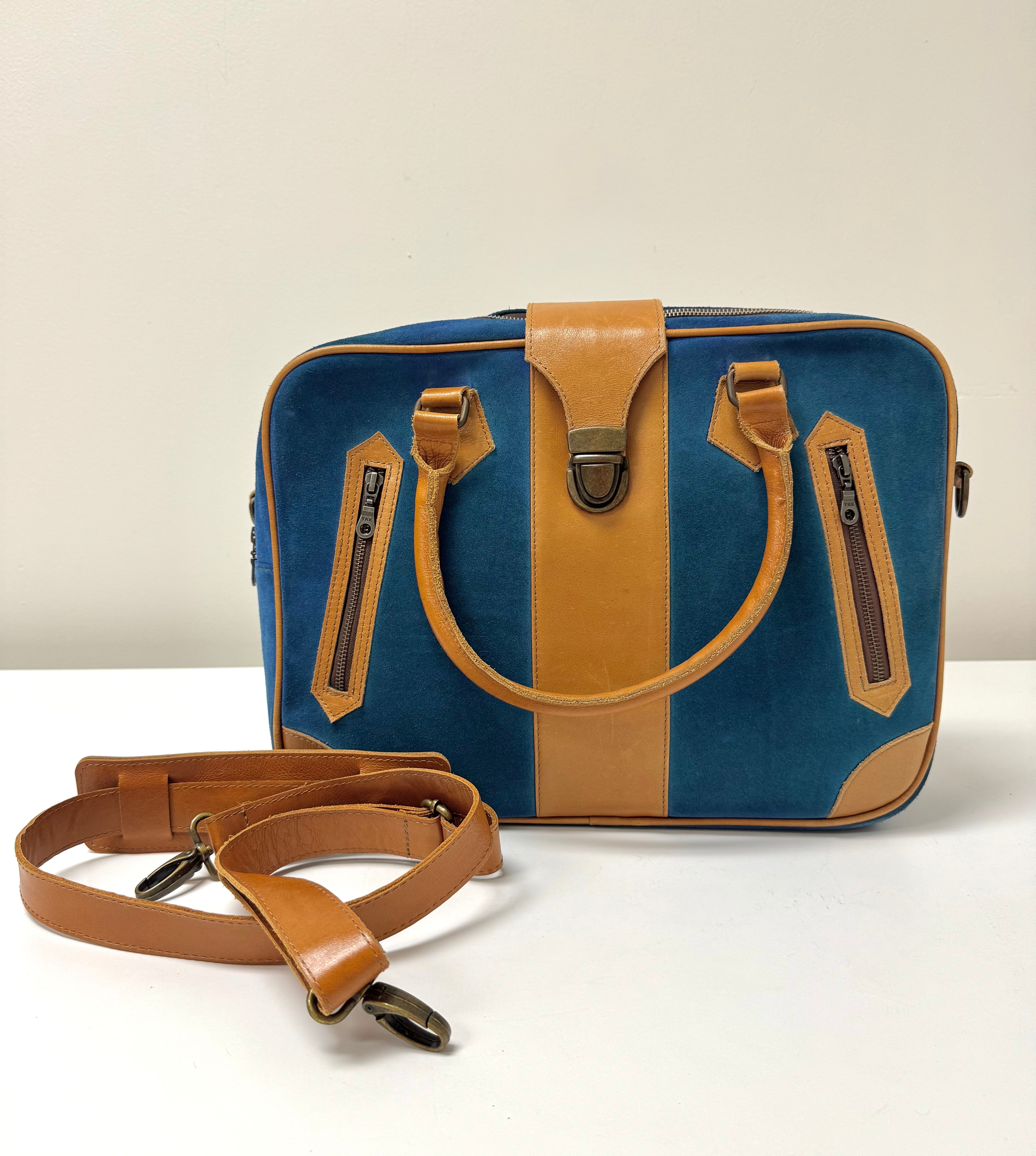 Blue Suede & Tan Leather Carry-on Bag