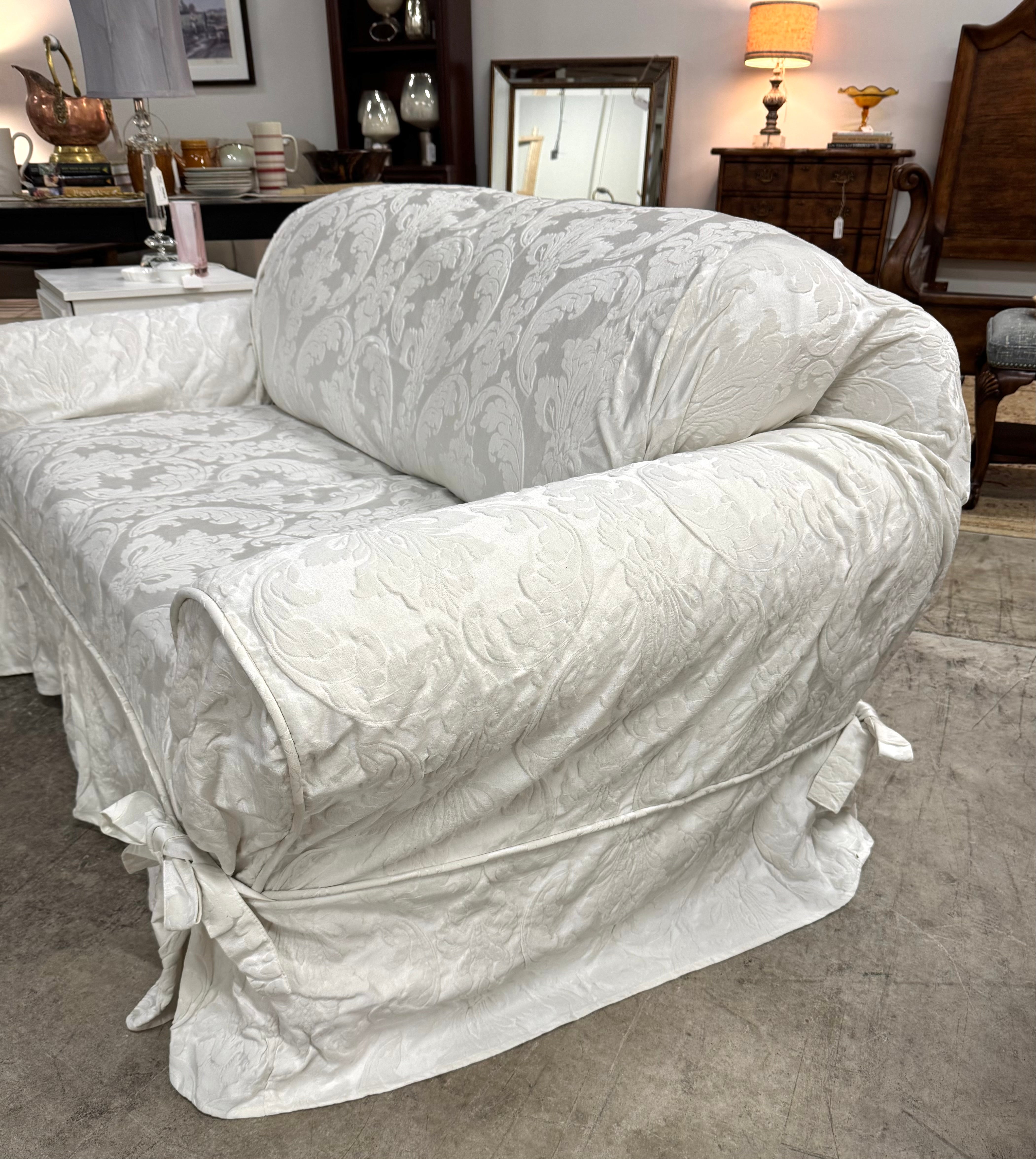 White Damask Slipcovered Loveseat