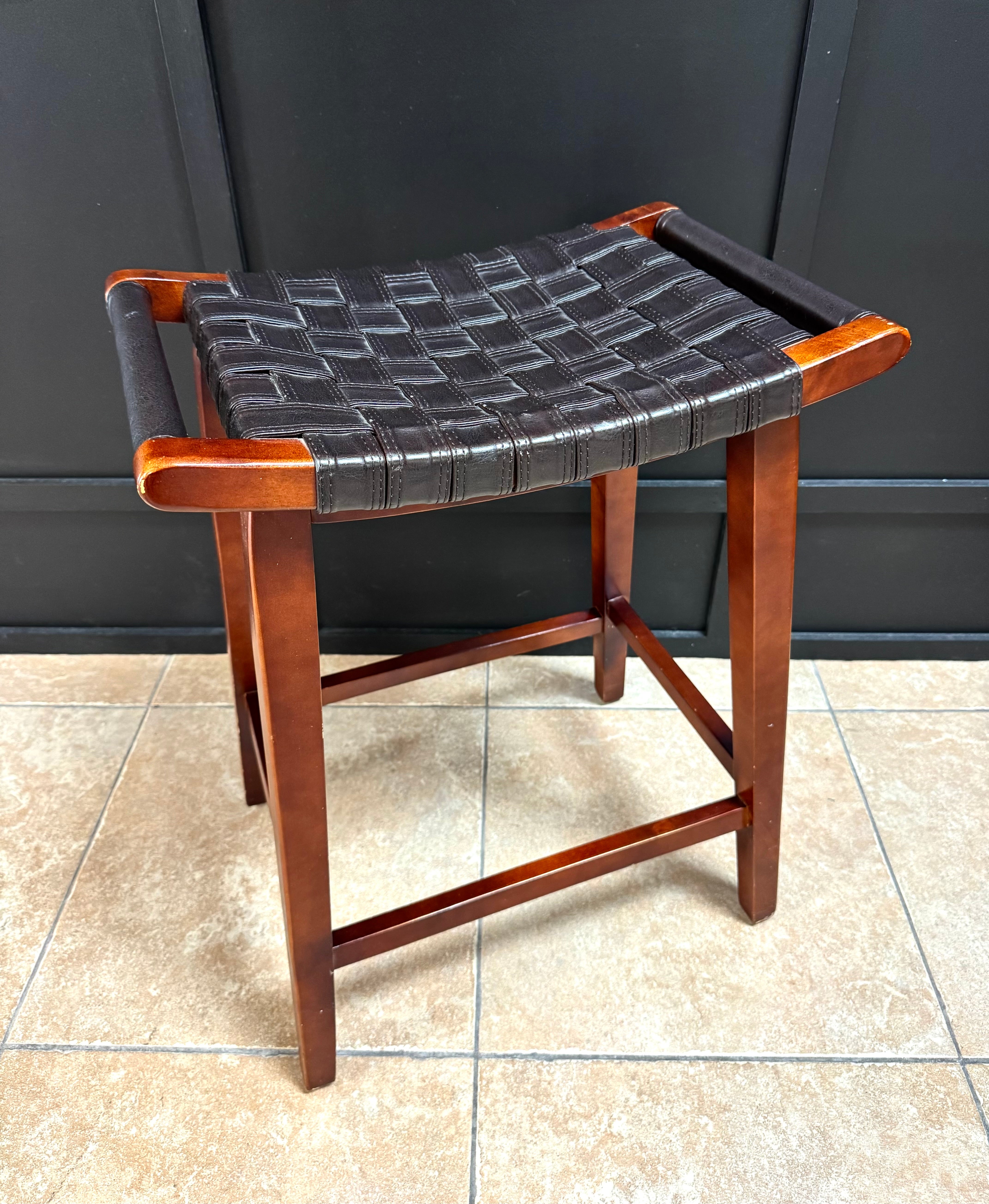 PIER 1 Black Leather Saddle Seat Counter Stools Set of 3