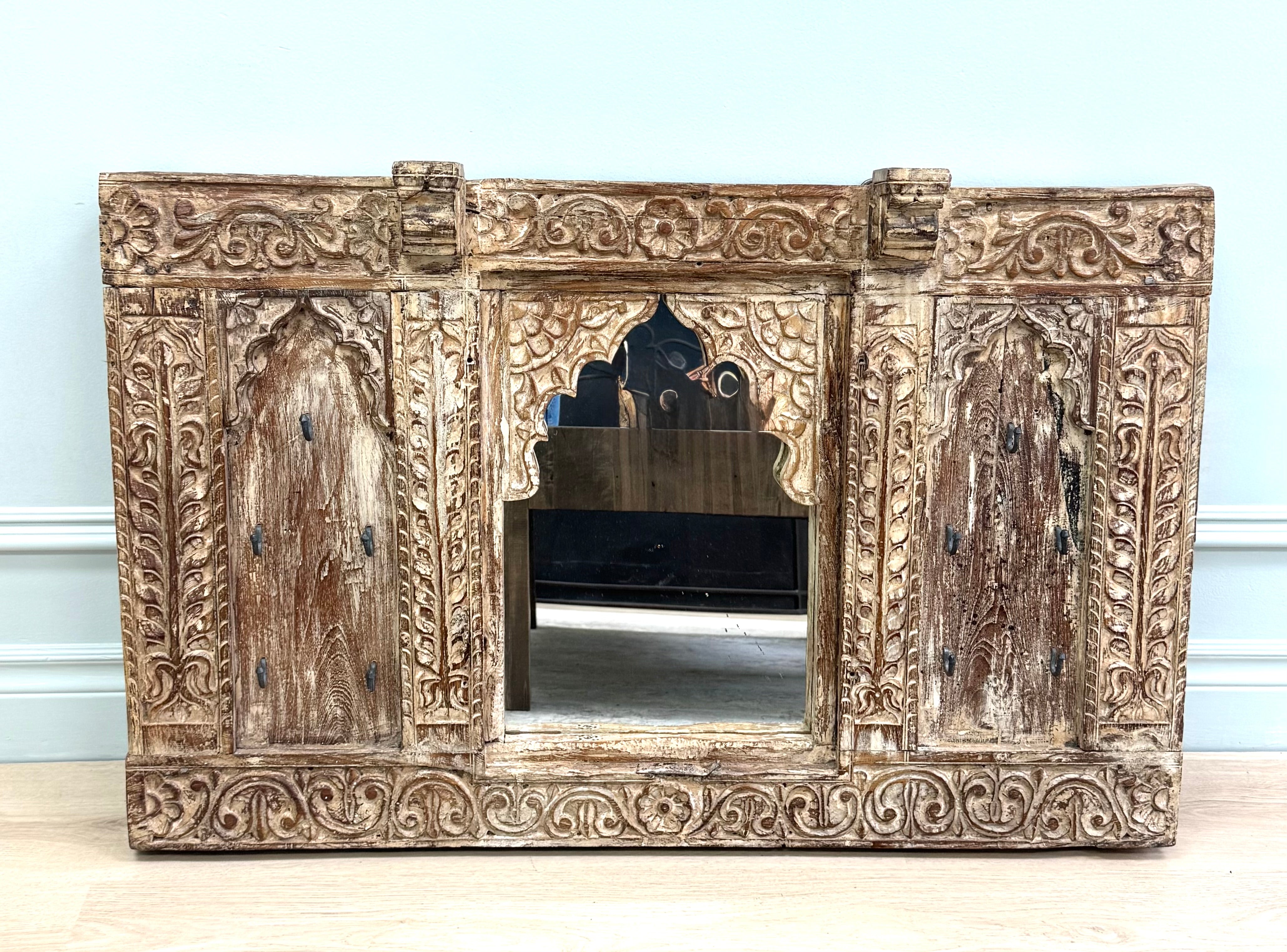 Hand-carved Indian Mirror with Iron Hooks