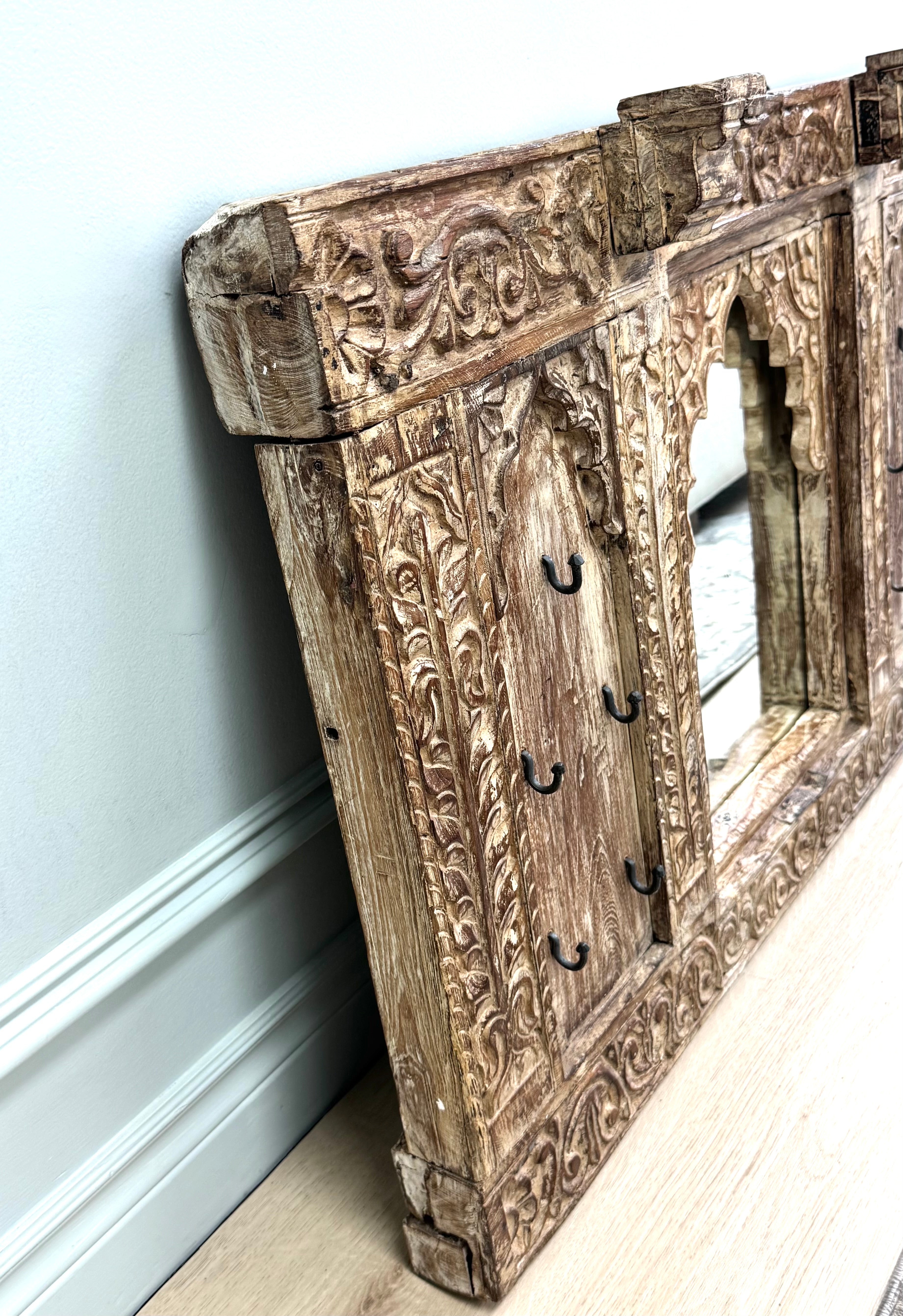 Hand-carved Indian Mirror with Iron Hooks
