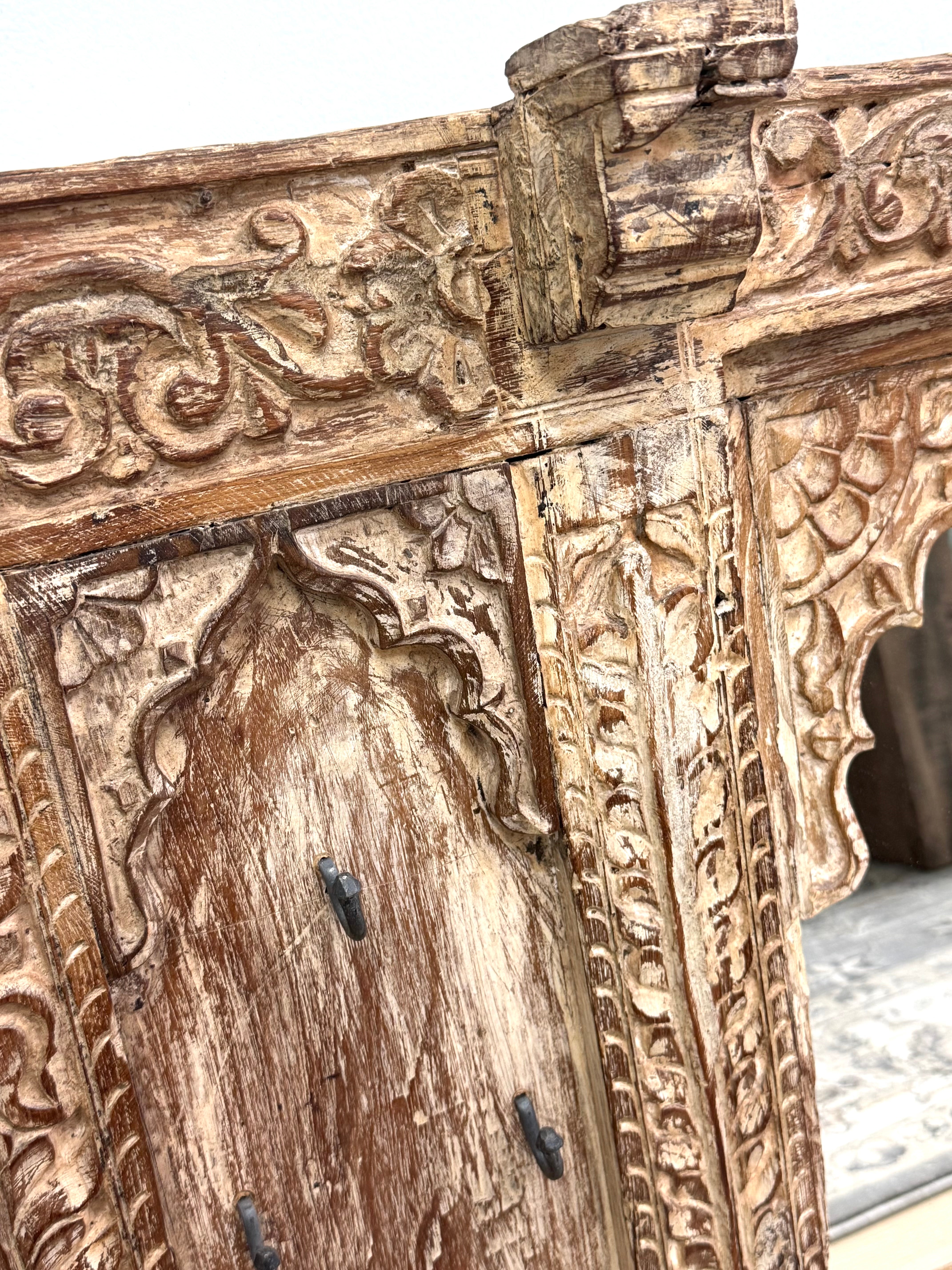 Hand-carved Indian Mirror with Iron Hooks
