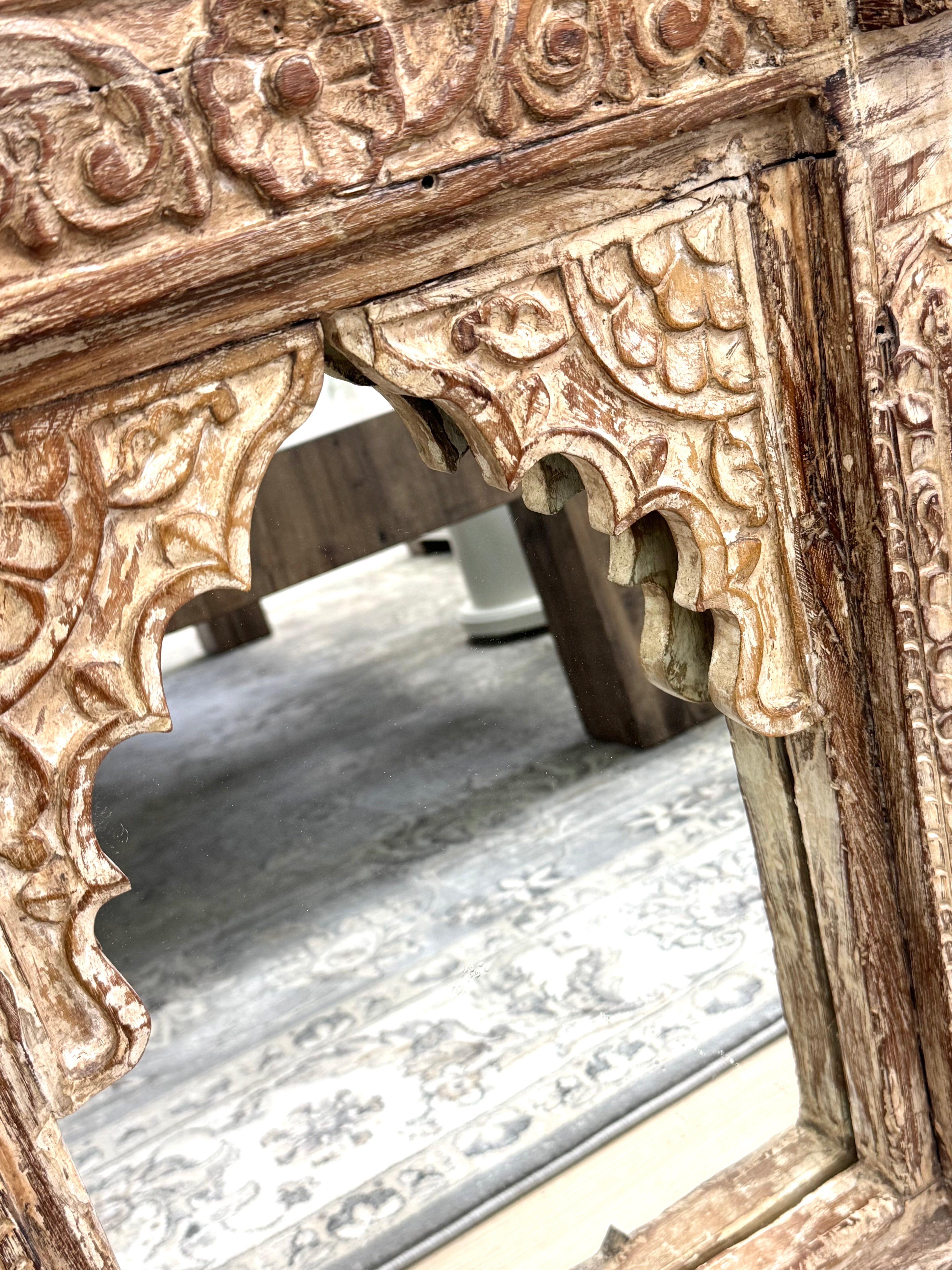 Hand-carved Indian Mirror with Iron Hooks