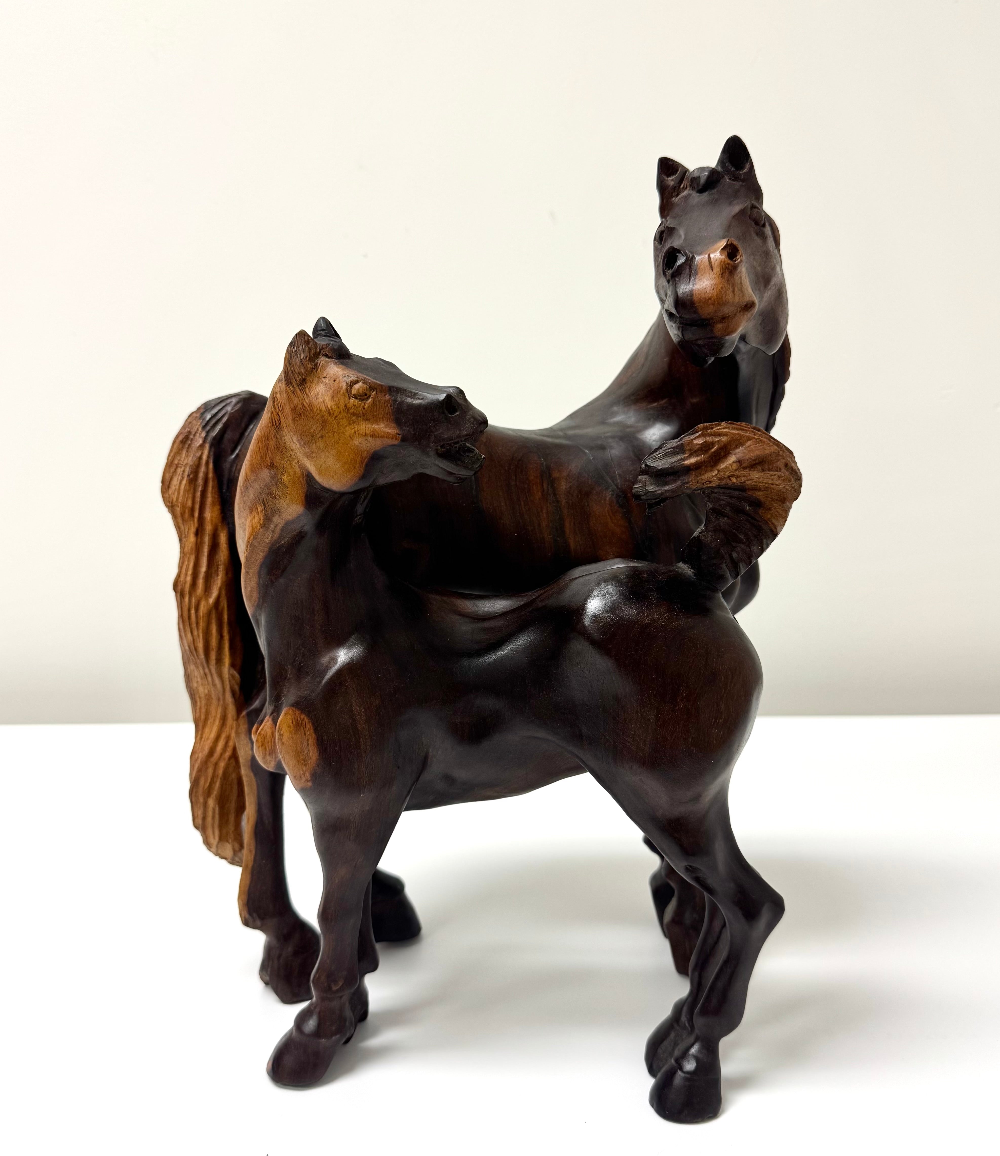 Vintage Mare and Foal Hand-carved Wood Sculpture