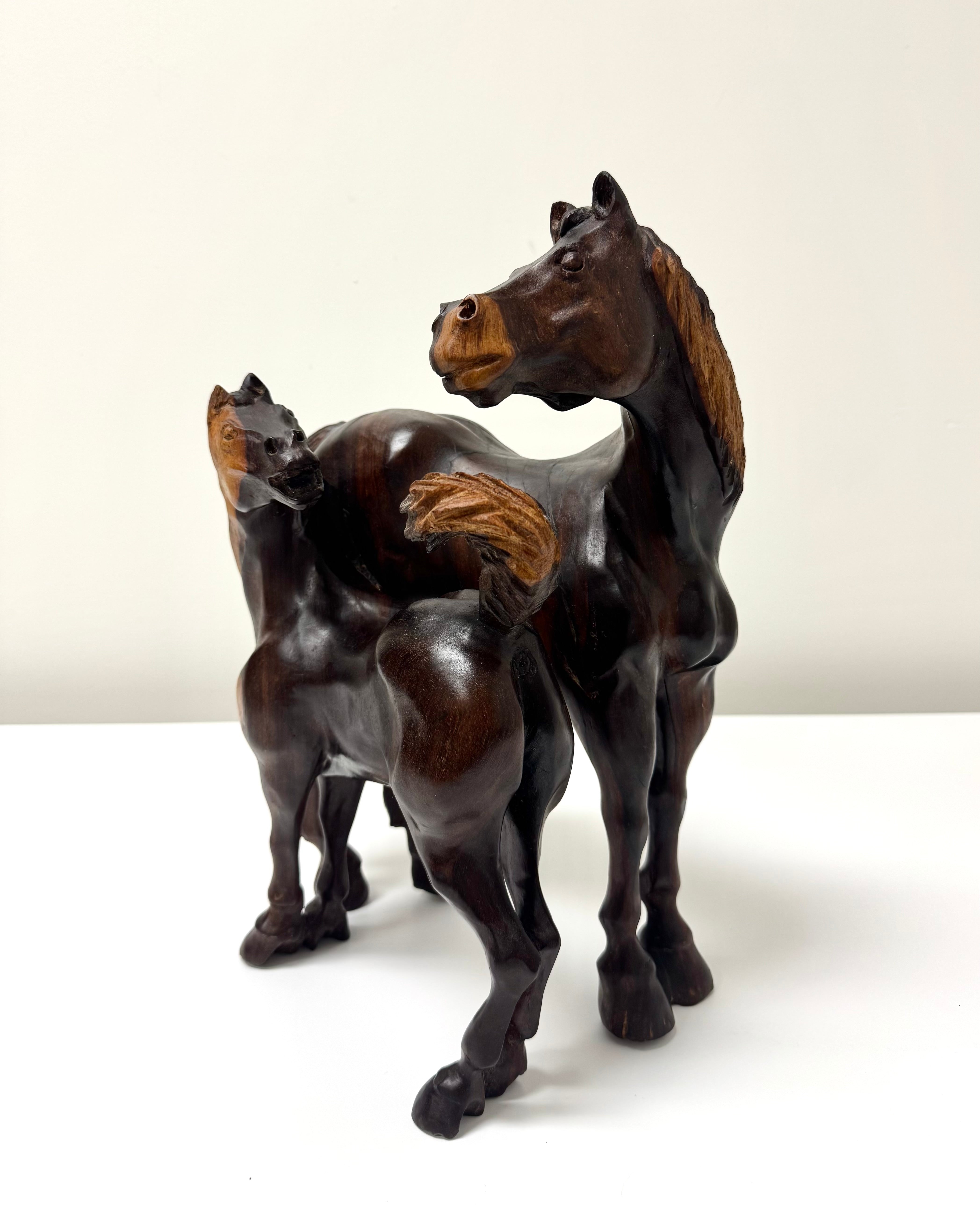 Vintage Mare and Foal Hand-carved Wood Sculpture