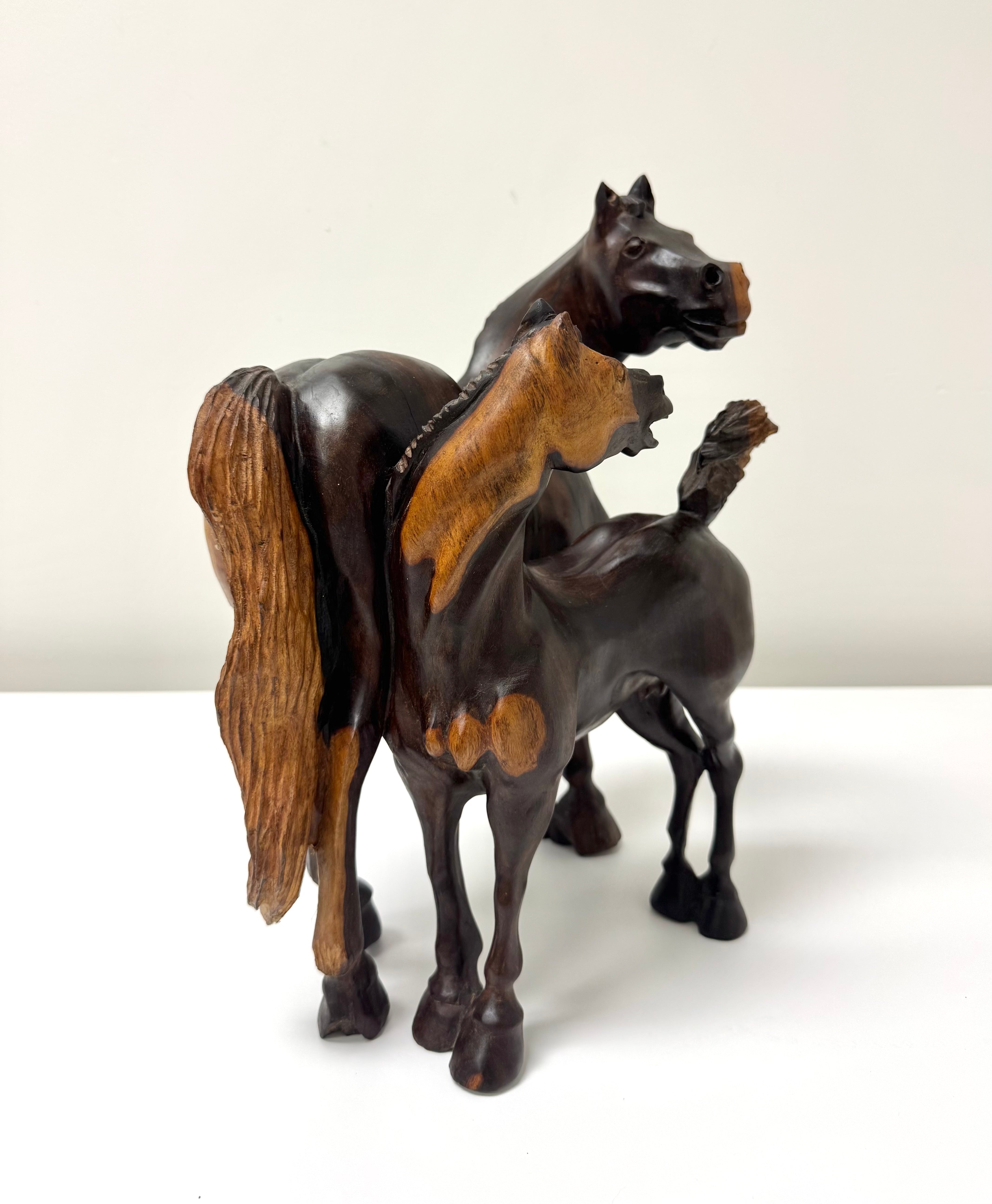 Vintage Mare and Foal Hand-carved Wood Sculpture