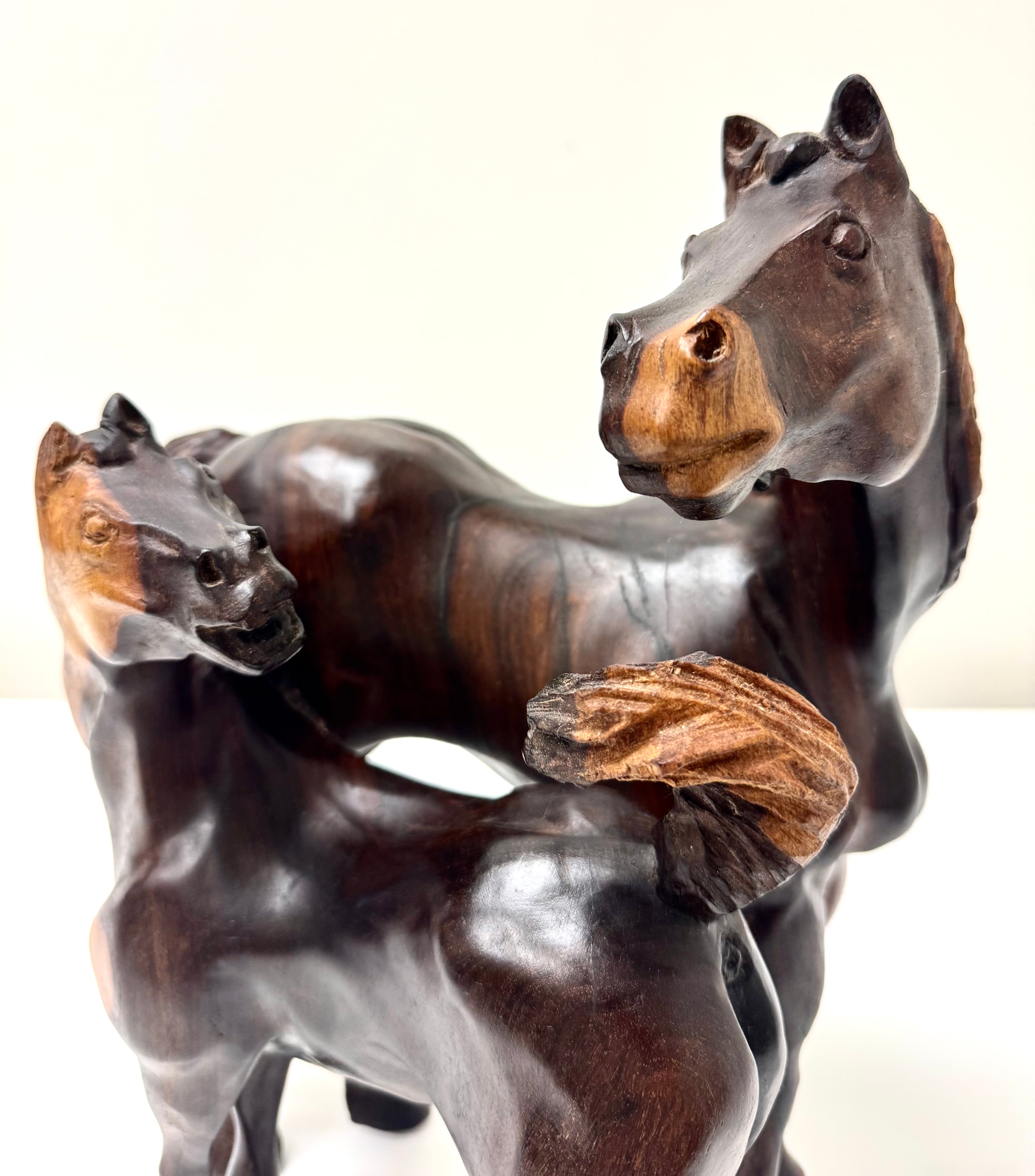 Vintage Mare and Foal Hand-carved Wood Sculpture