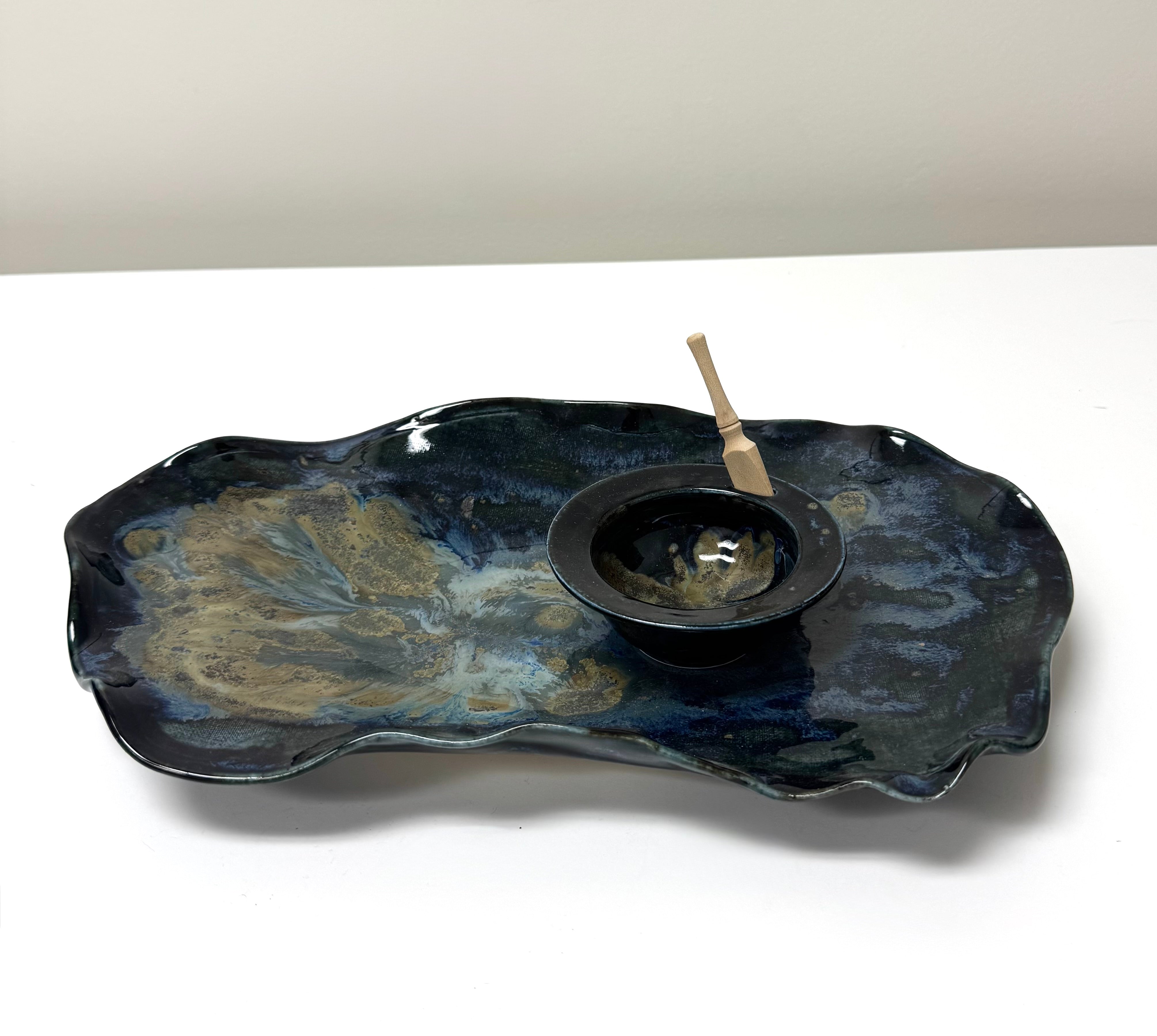 Hand-glazed Blue Ceramic Platter with Dip Bowl
