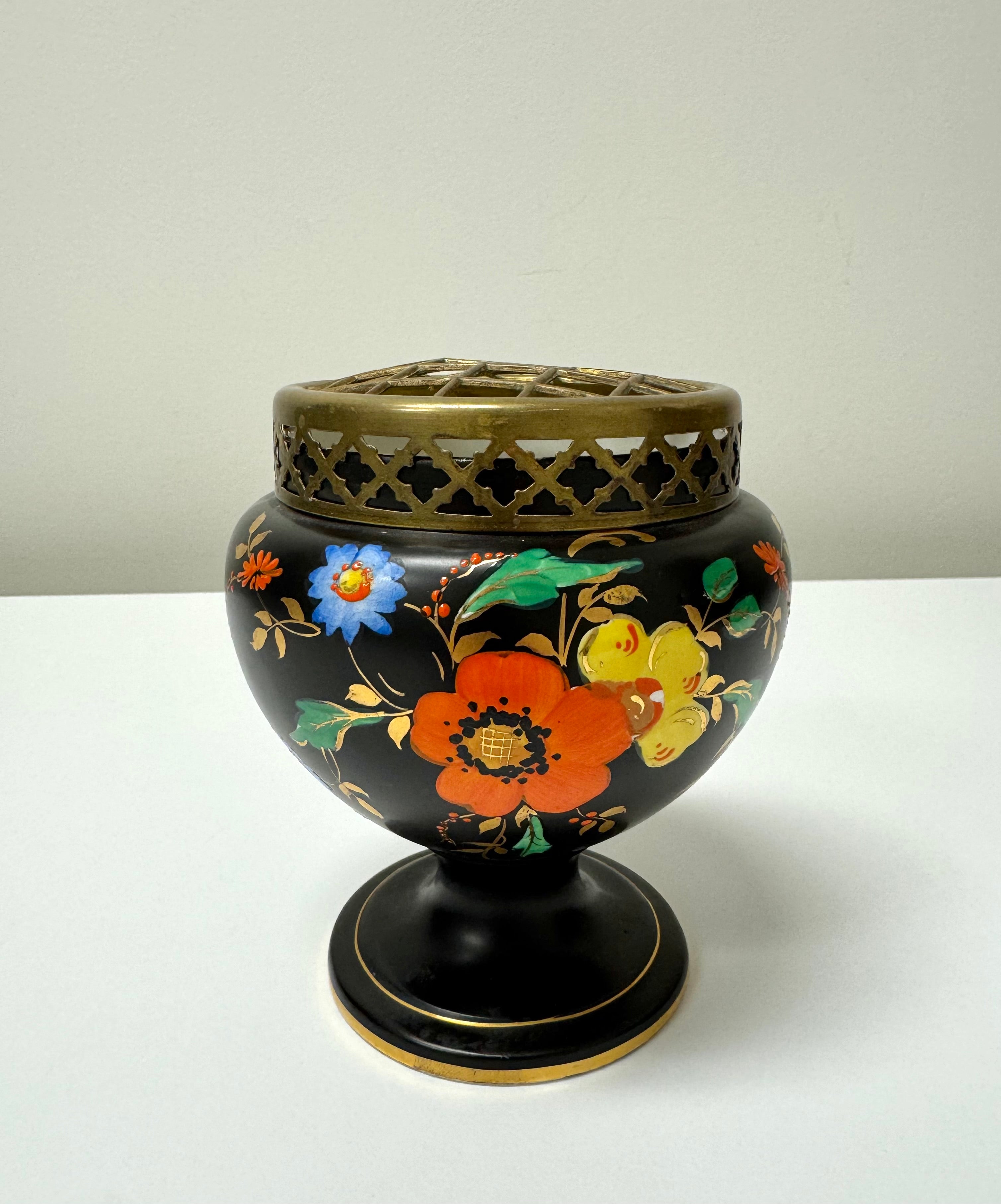 Vintage Matte Black Floral Vase with Brass Frog