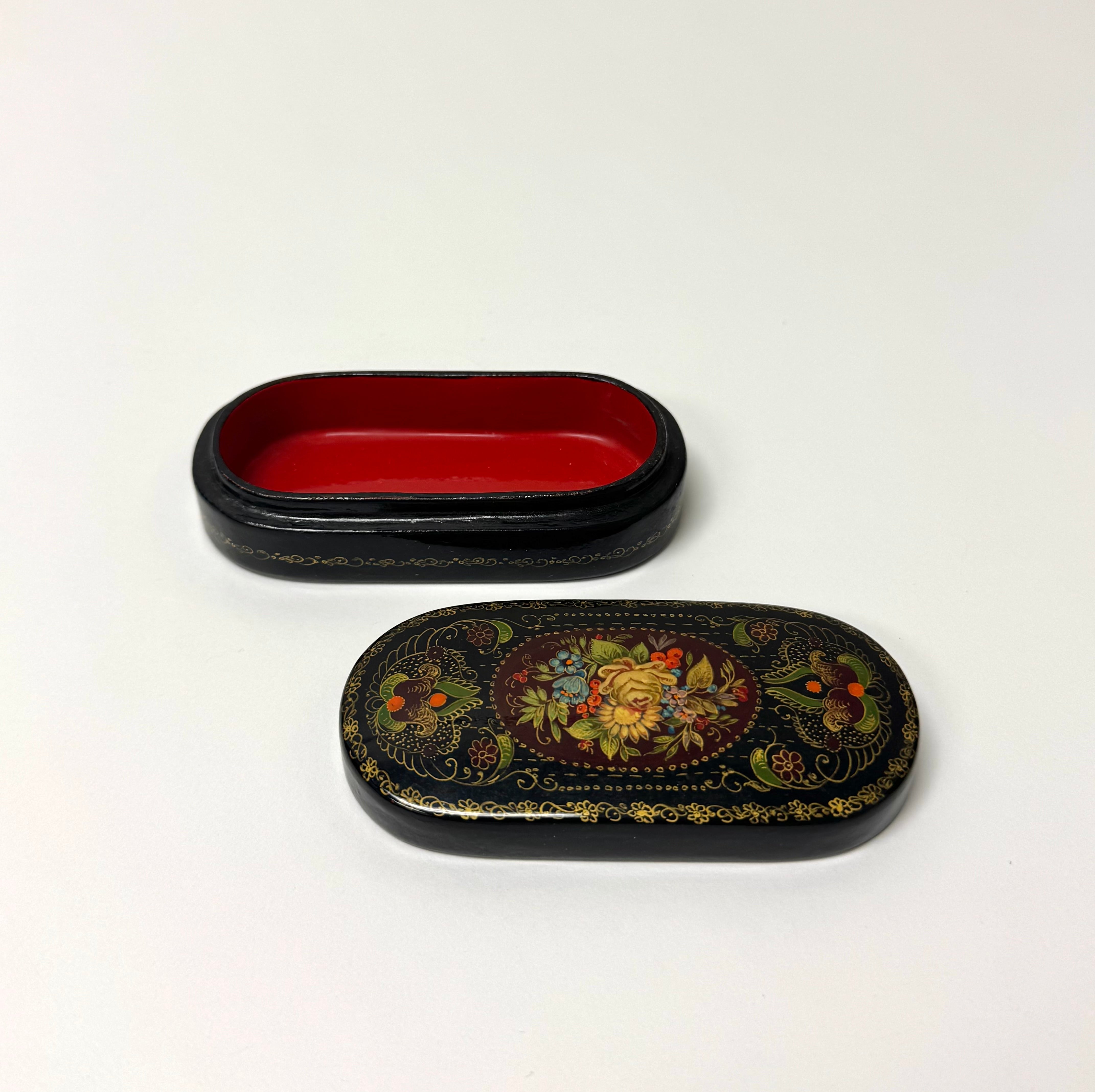 Hand-painted Black Lacquer Floral Trinket Box