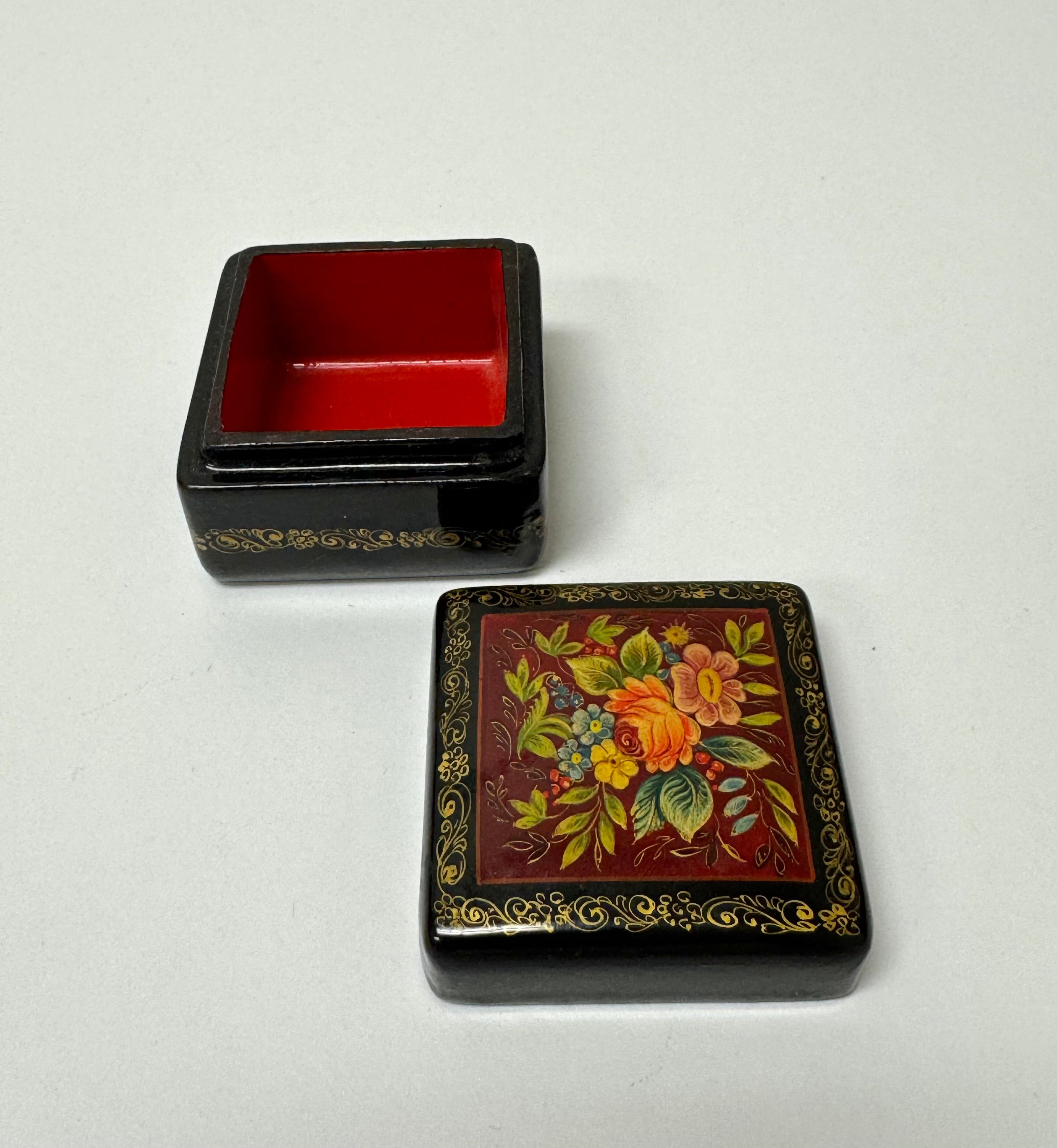 Hand-painted Black Lacquer Floral Square Trinket Box