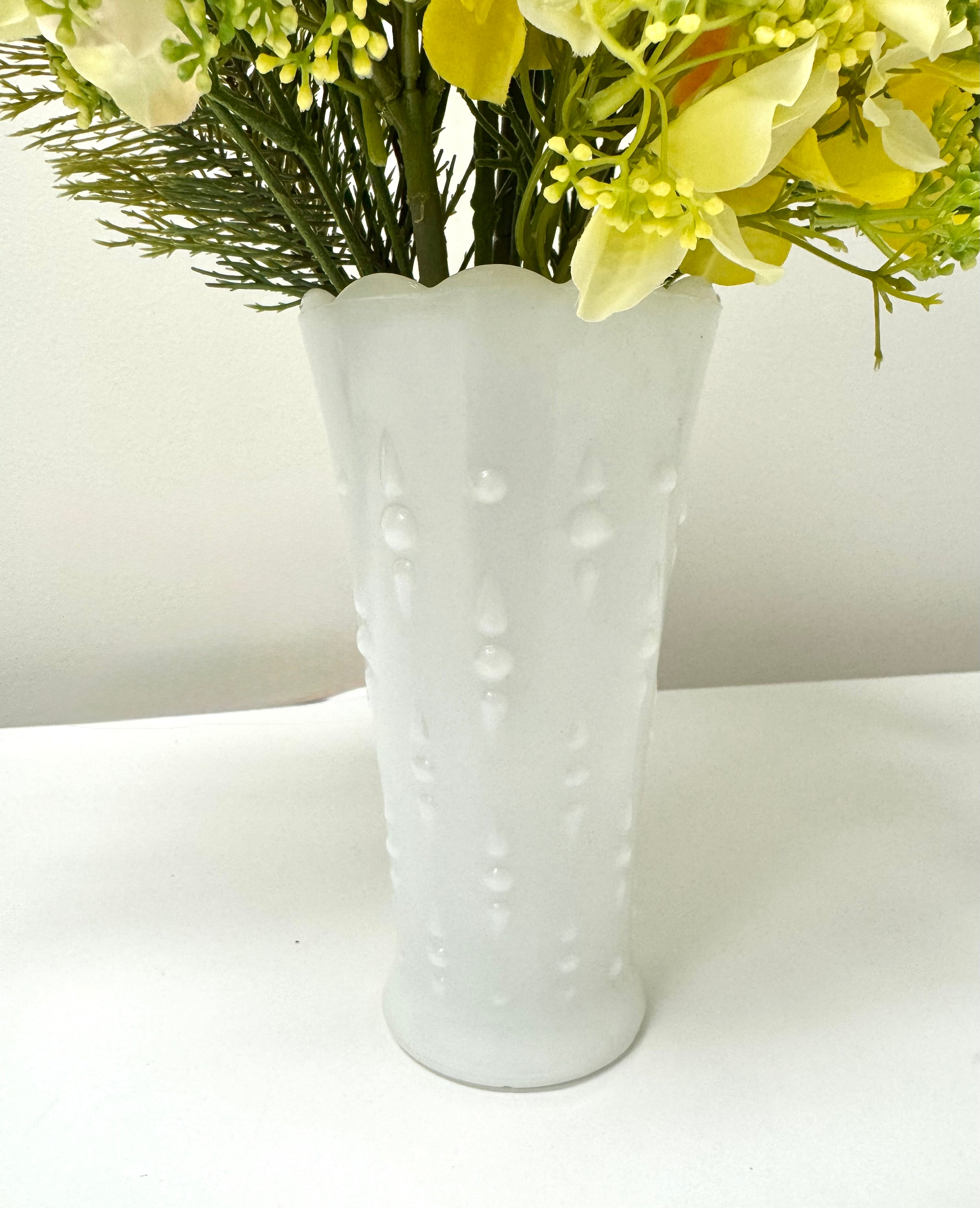 Yellow Hydrangea Bouquet in Milk Glass Vase