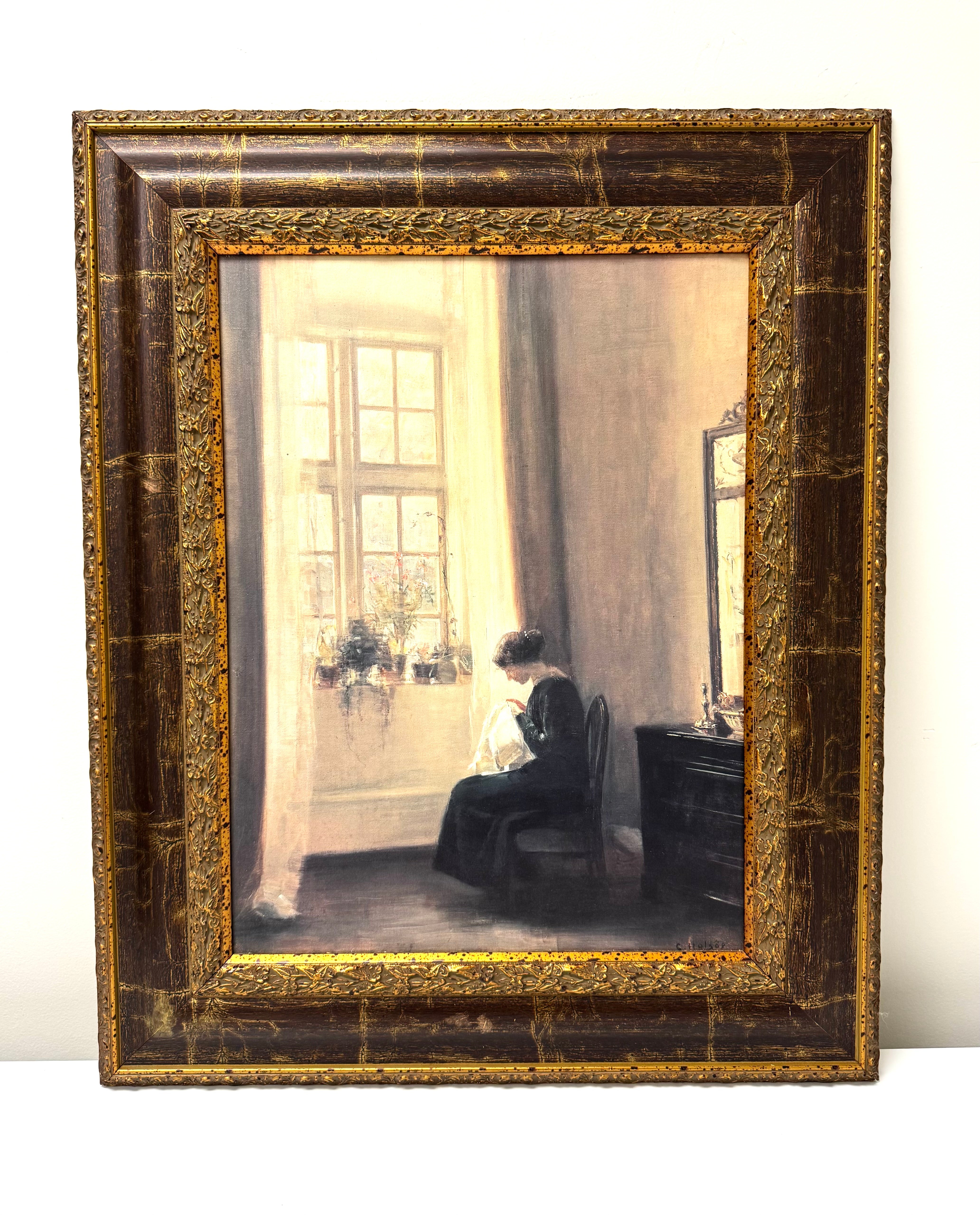 'A Girl Sewing in an Interior' Print