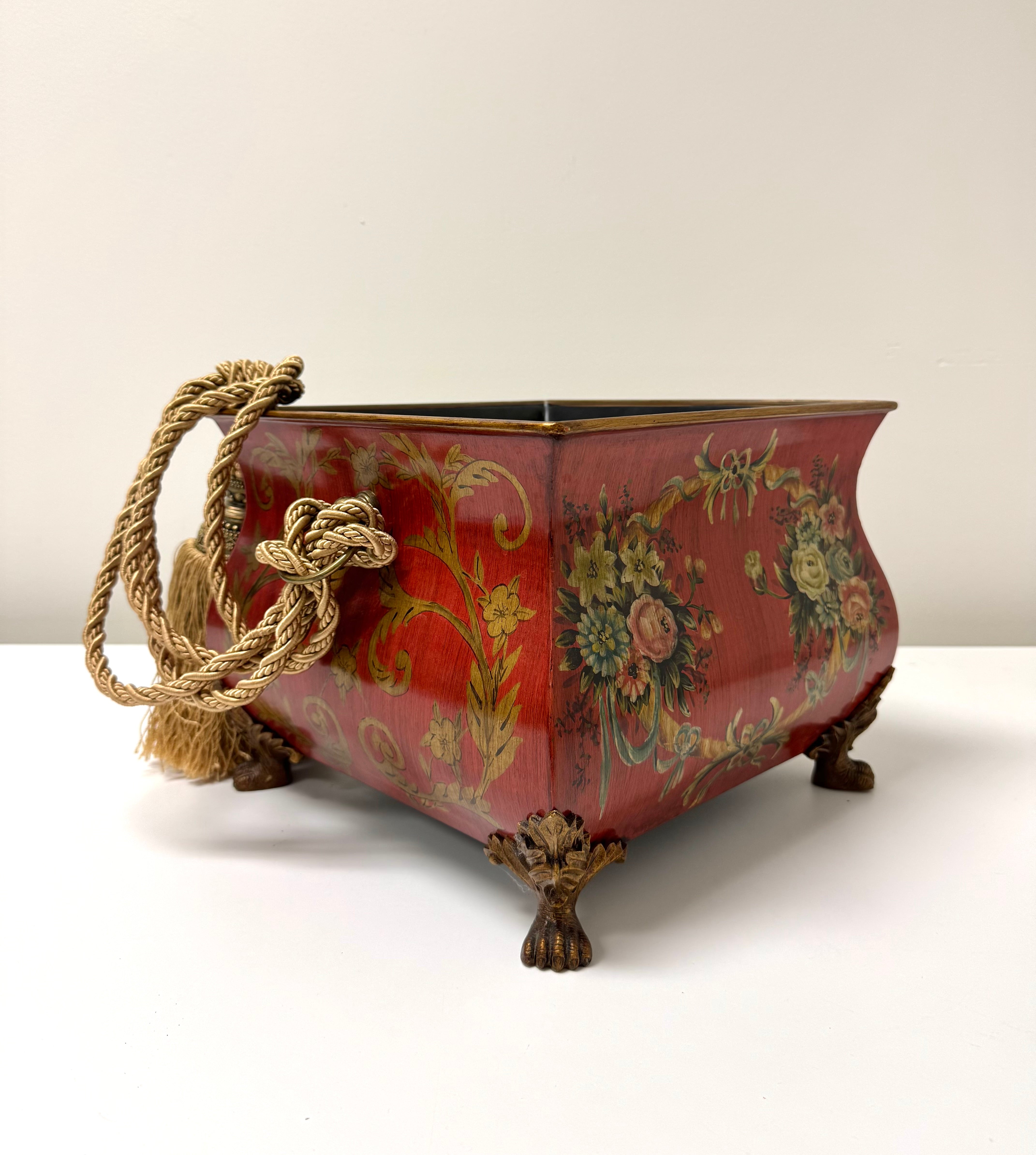 Scarlet Red Metal Tole Jardiniere with Tassel